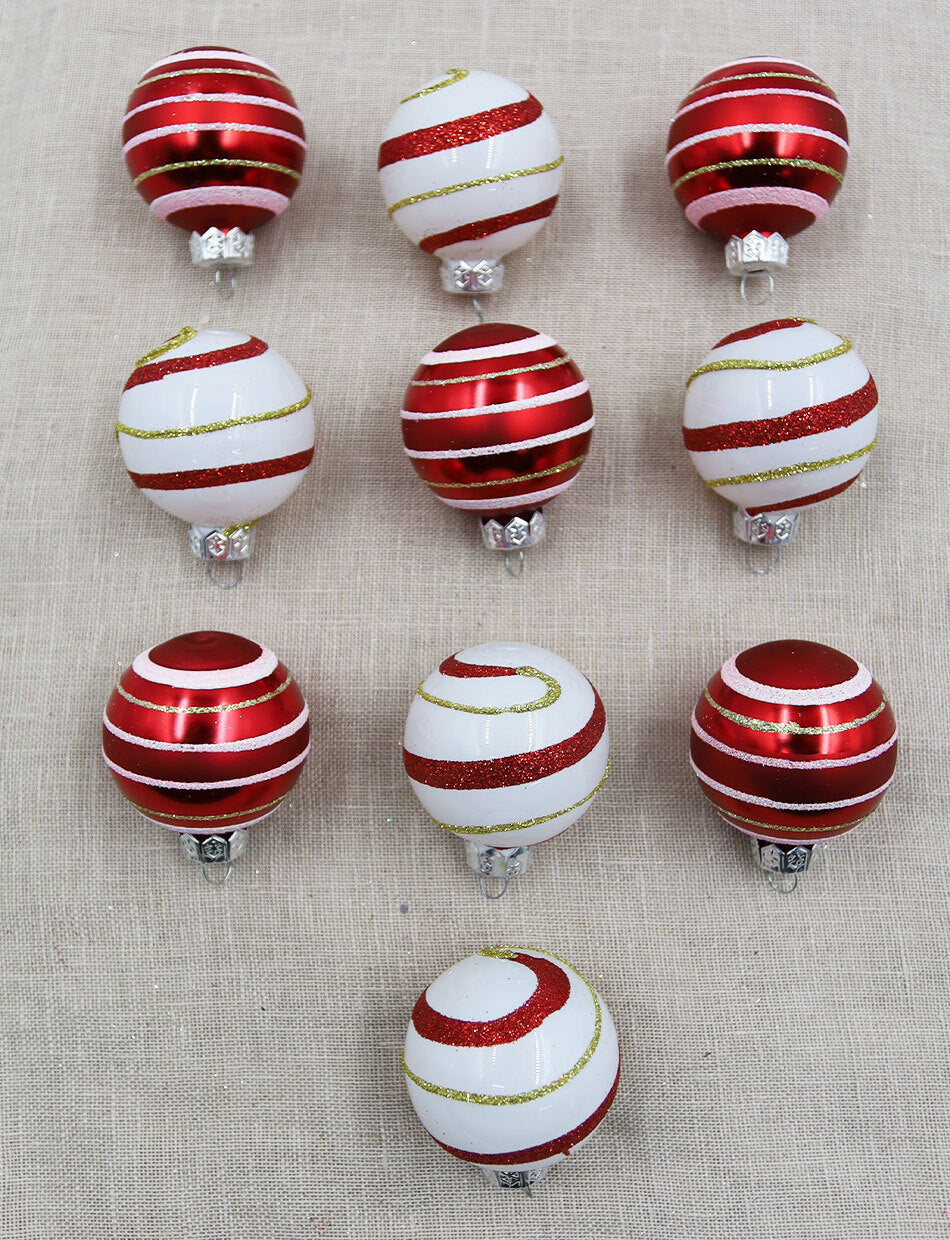 45mm RED And WHITE Glass Christmas Baubles 10 Pack