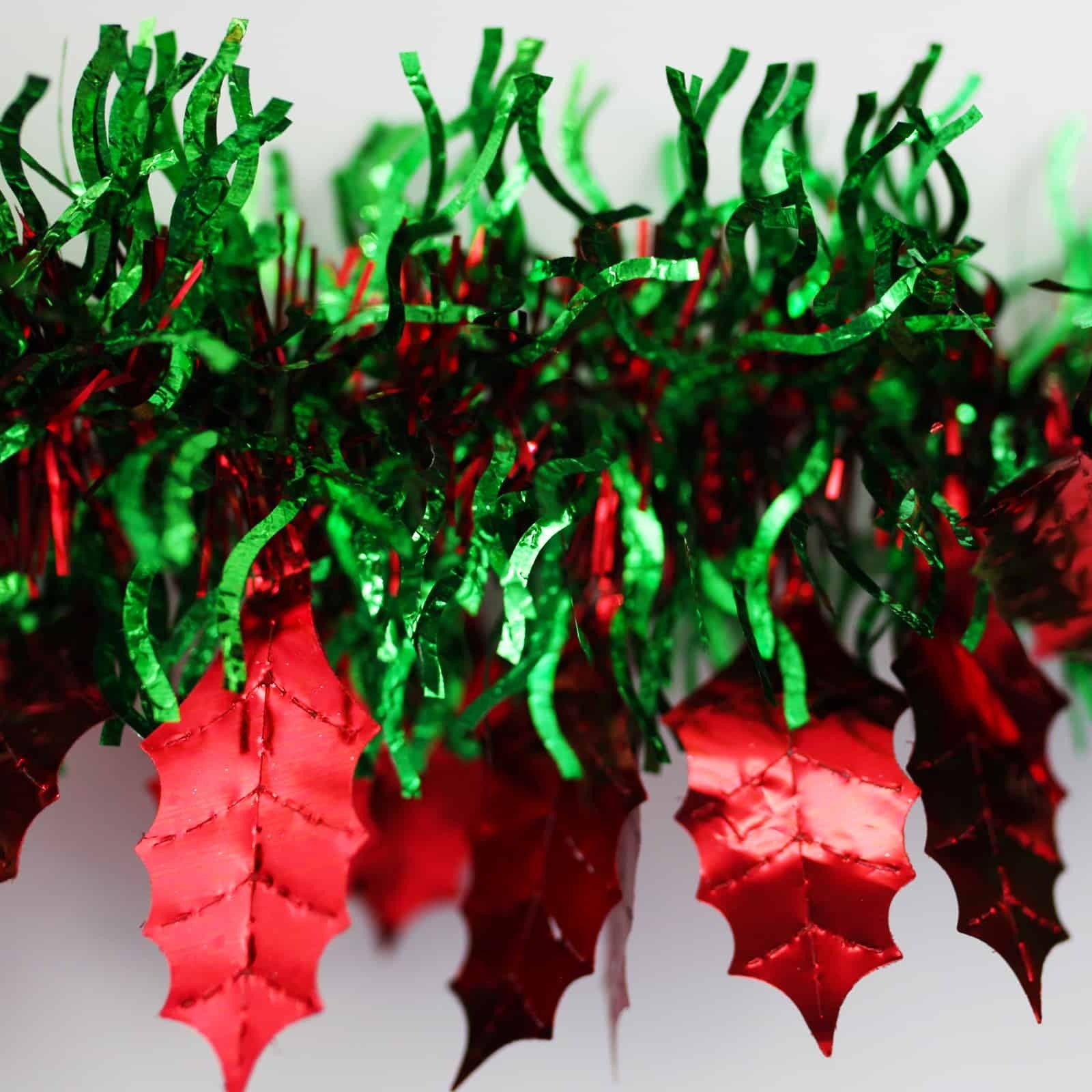25m HOLLY Red Leaf with Green Red Tinsel 100mm wide