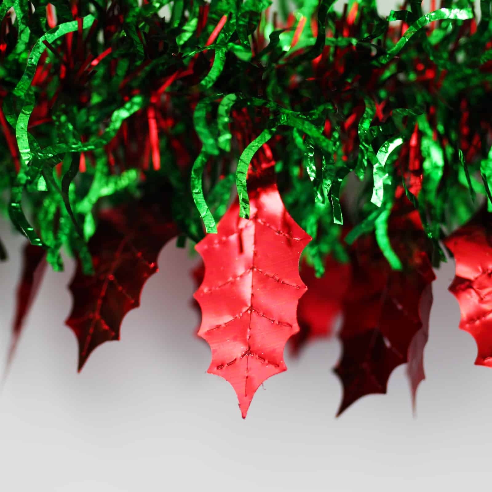 25m HOLLY Red Leaf with Green Red Tinsel 100mm wide