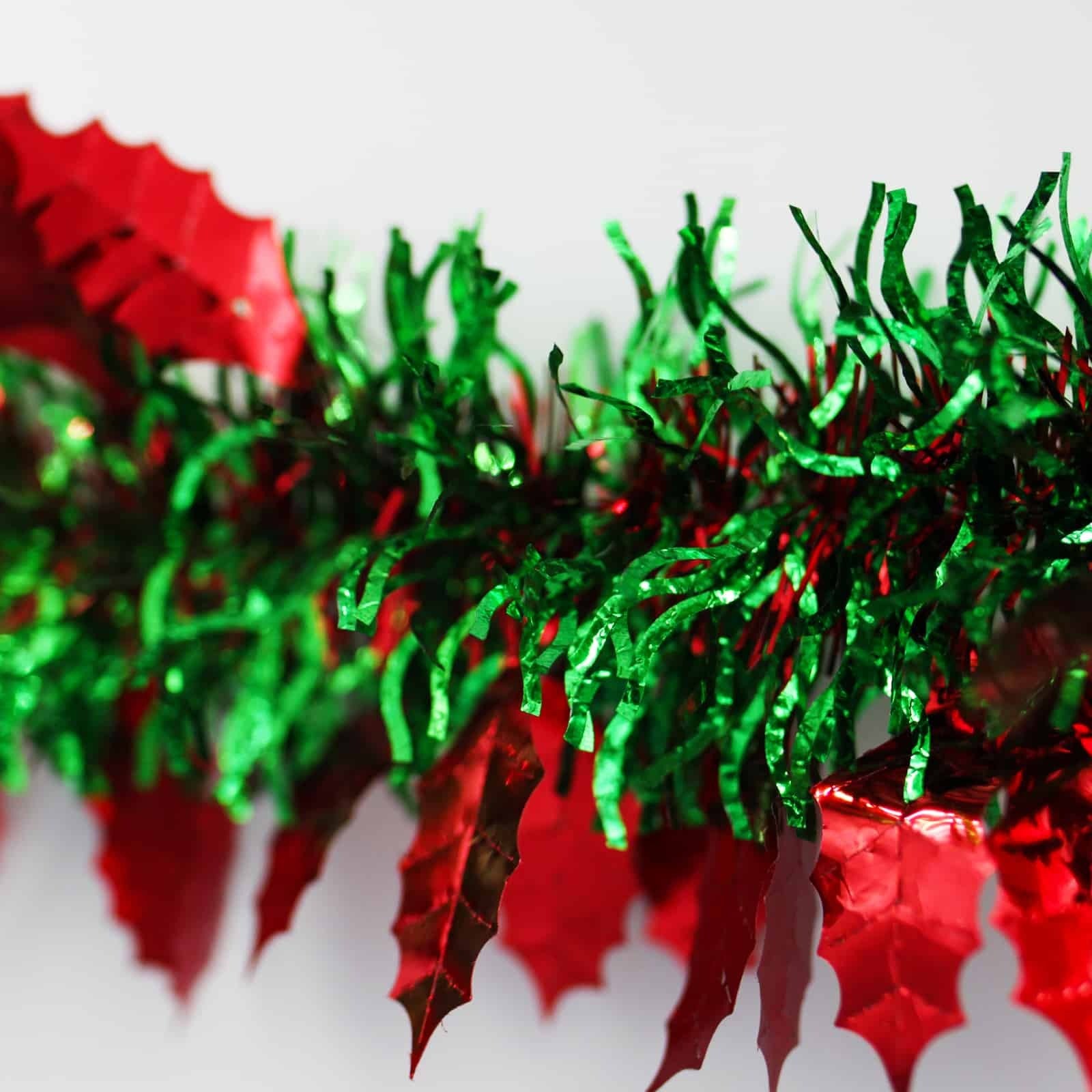 25m HOLLY Red Leaf with Green Red Tinsel 100mm wide