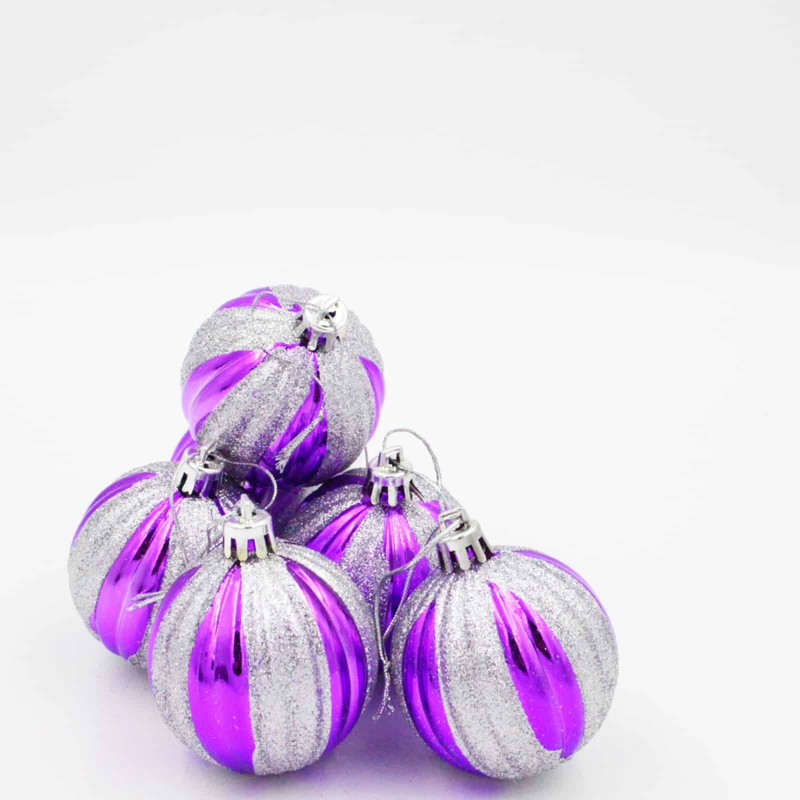 60mm Christmas Baubles Purple Silver Glitter 6 Balls