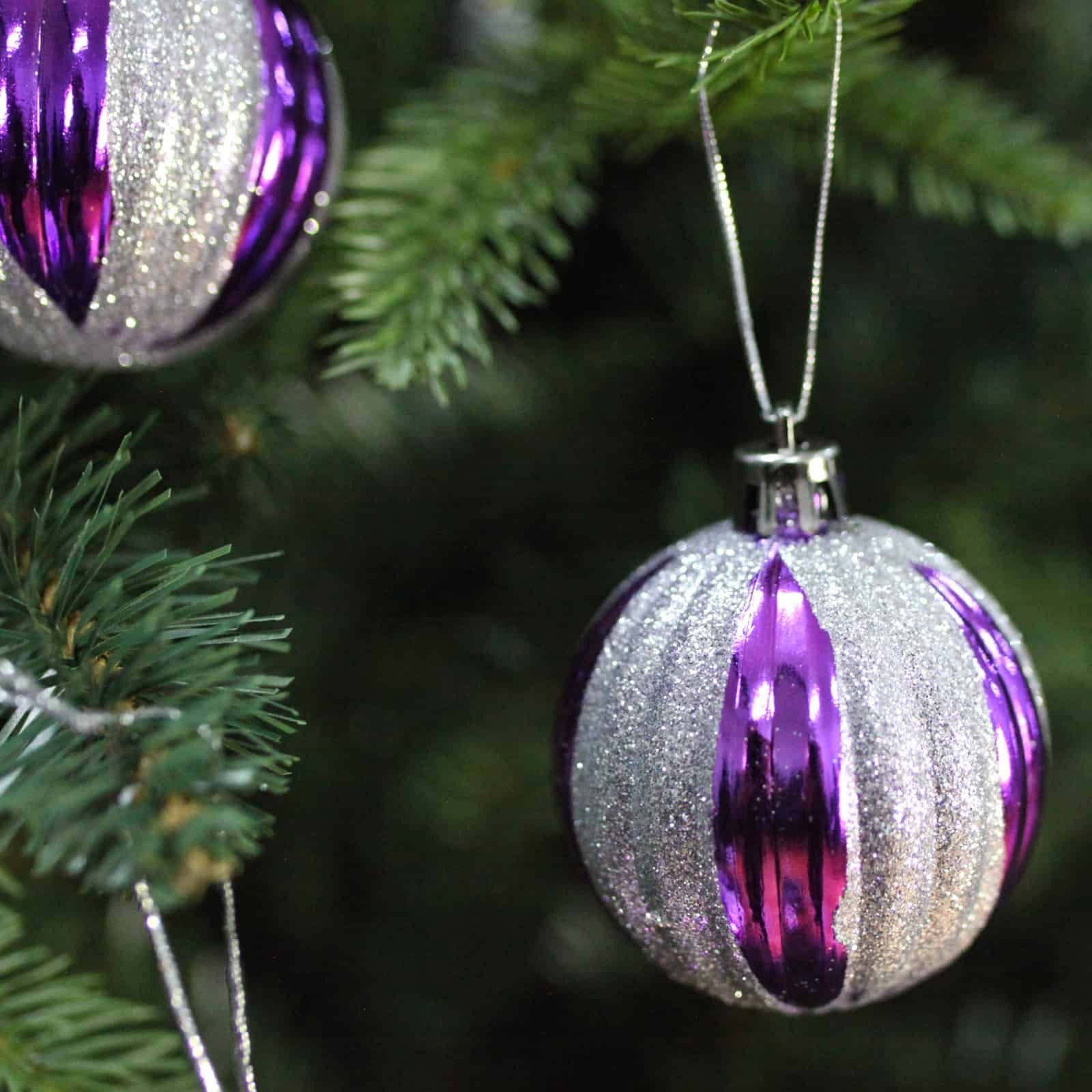 60mm Christmas Baubles Purple Silver Glitter 6 Balls