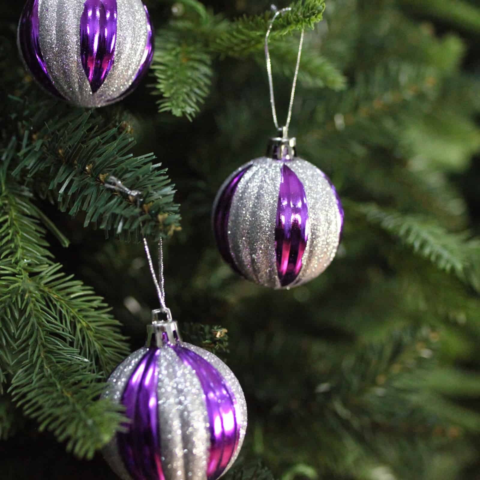 60mm Christmas Baubles Purple Silver Glitter 6 Balls