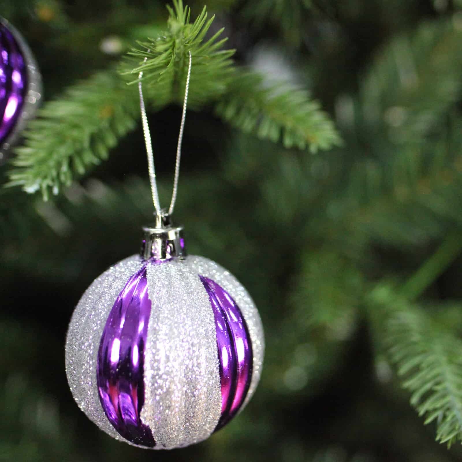60mm Christmas Baubles Purple Silver Glitter 6 Balls