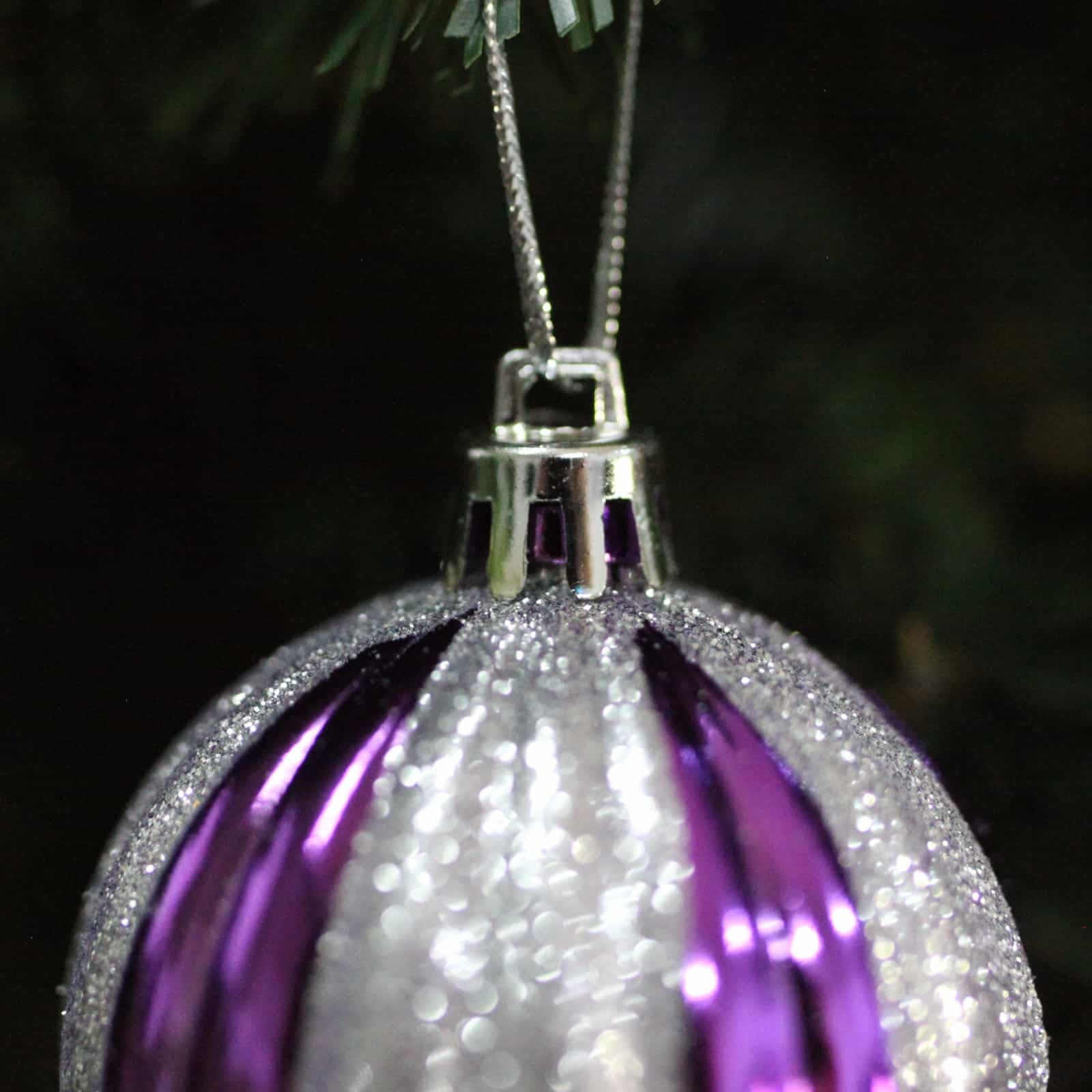 60mm Christmas Baubles Purple Silver Glitter 6 Balls