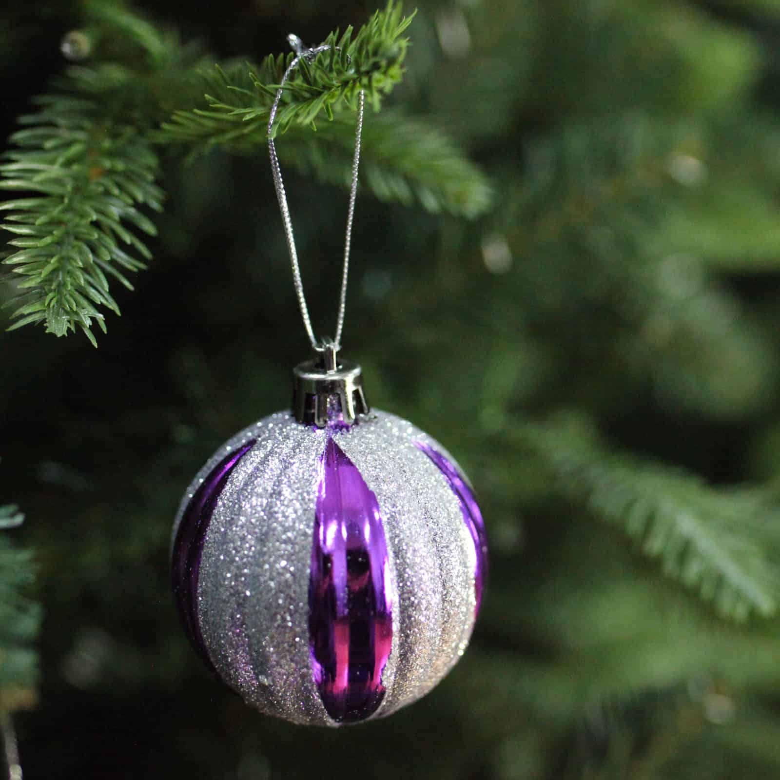 60mm Christmas Baubles Purple Silver Glitter 6 Balls