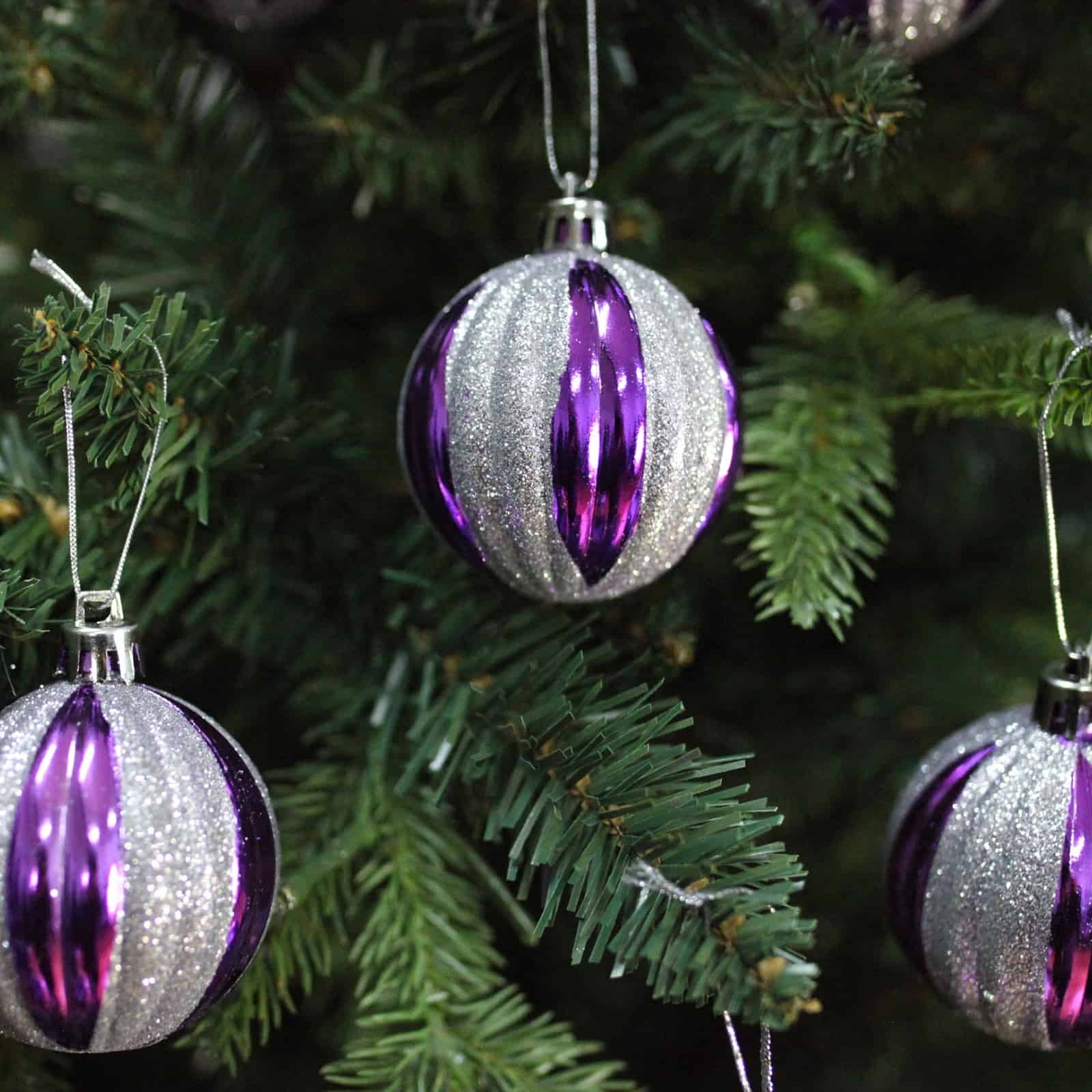 60mm Christmas Baubles Purple Silver Glitter 6 Balls