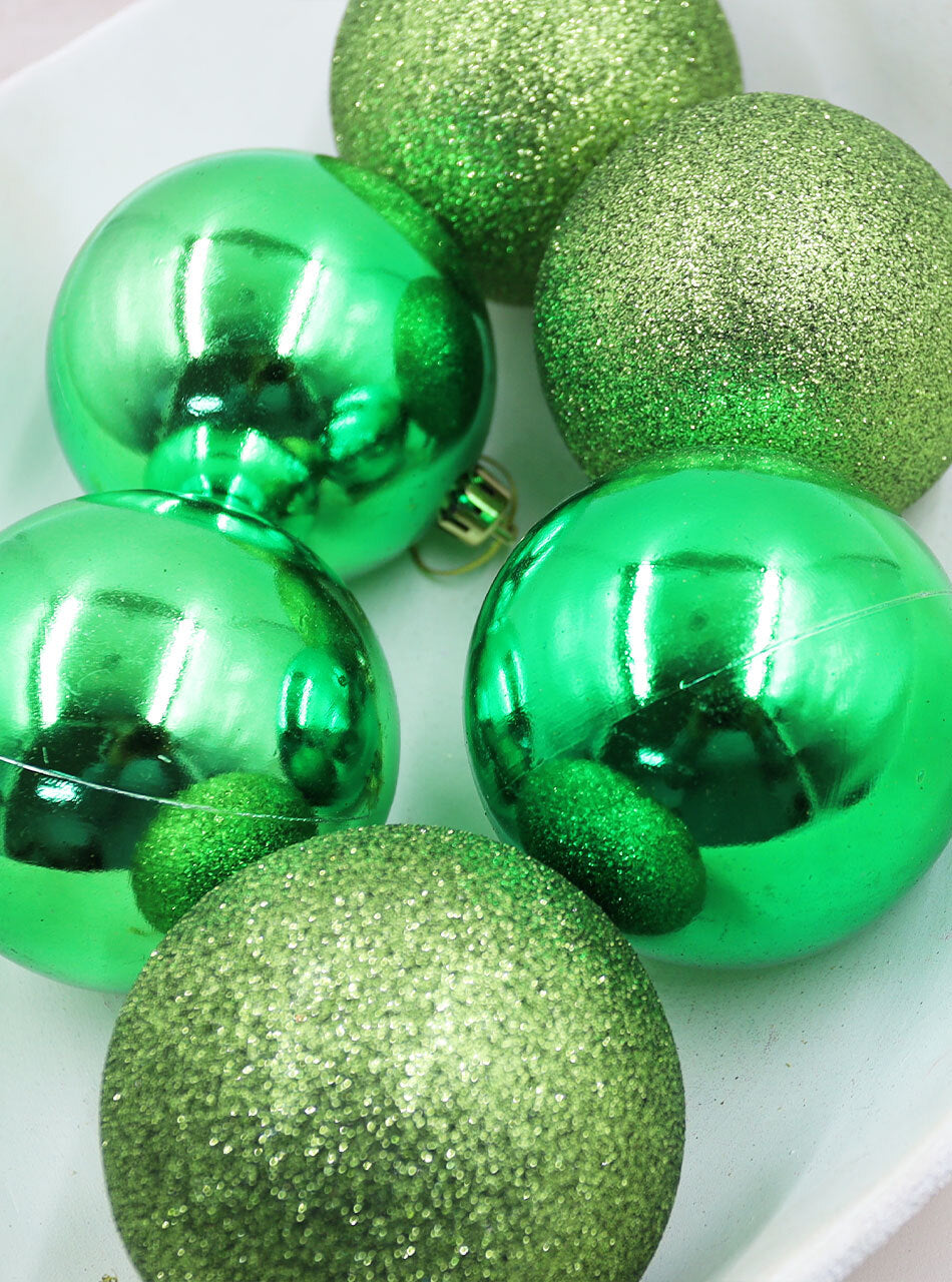 Green Christmas Baubles 80mm Gloss Glitter 6 Pack