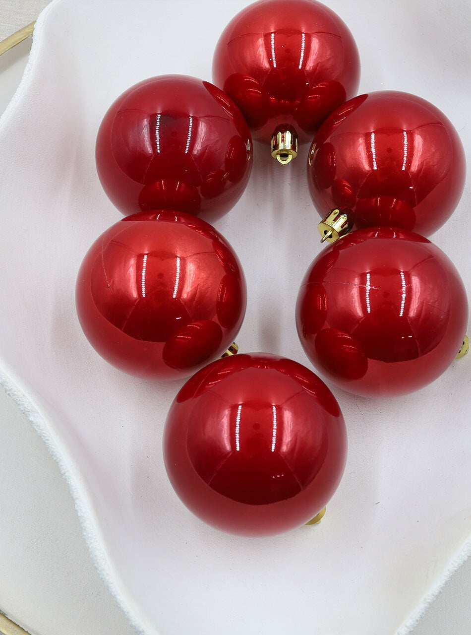 Red Christmas Baubles 80mm Pearl 6 Pack