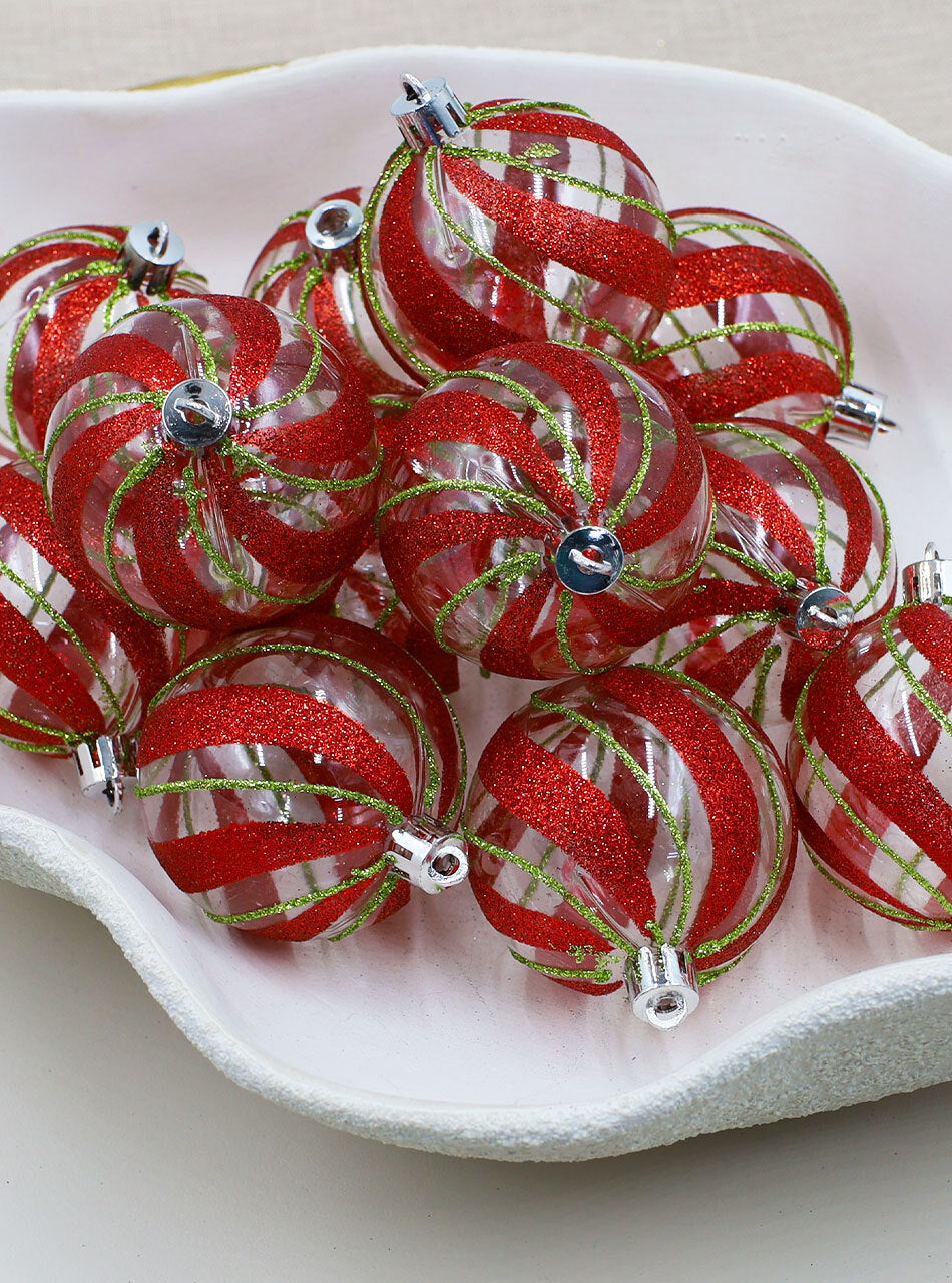 Red Green Glitter Clear Christmas Baubles 60mm 12 Pack