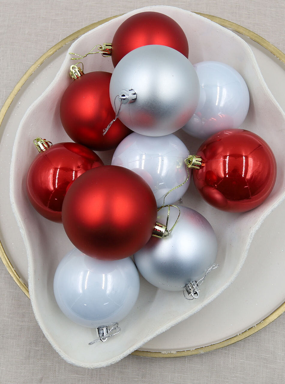 Silver/Red Christmas Baubles 70mm Pearl Matt Packs