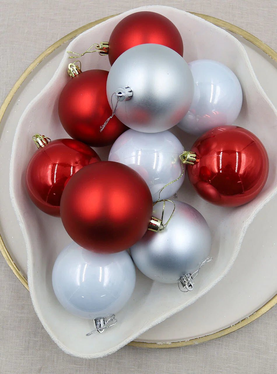 Silver / Red Christmas Baubles 60mm Pearl Matt 24 Pack