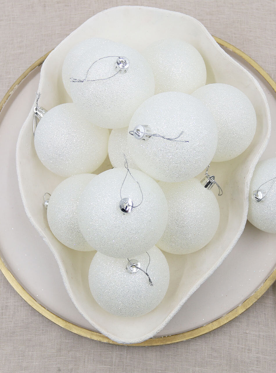 White Christmas Baubles 80mm Glitter 24 and 48 Pack
