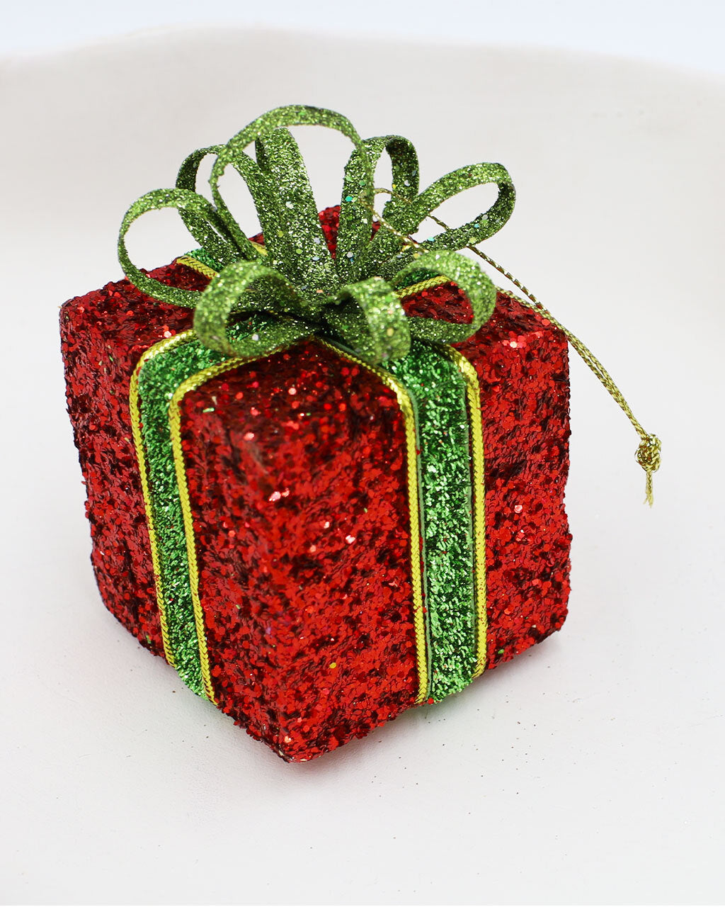 RED GLITTER PRESENT With GREEN BOW 60mm 6 pack