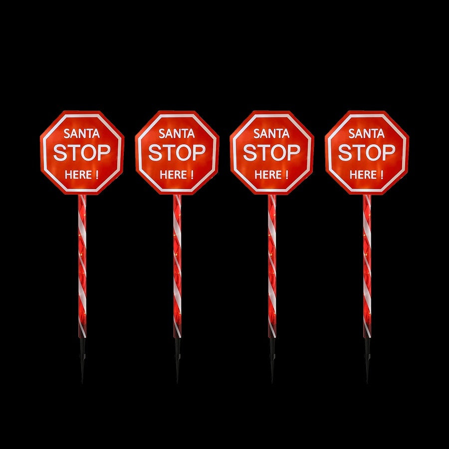 Set of 4 LED Santa Stop Here Connectable Stakes