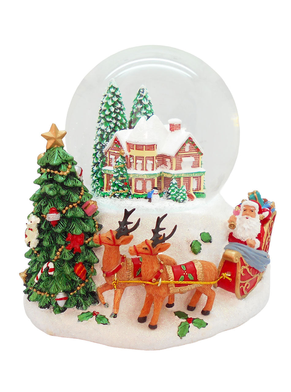 White Snow Globe with Santa and his Reindeers