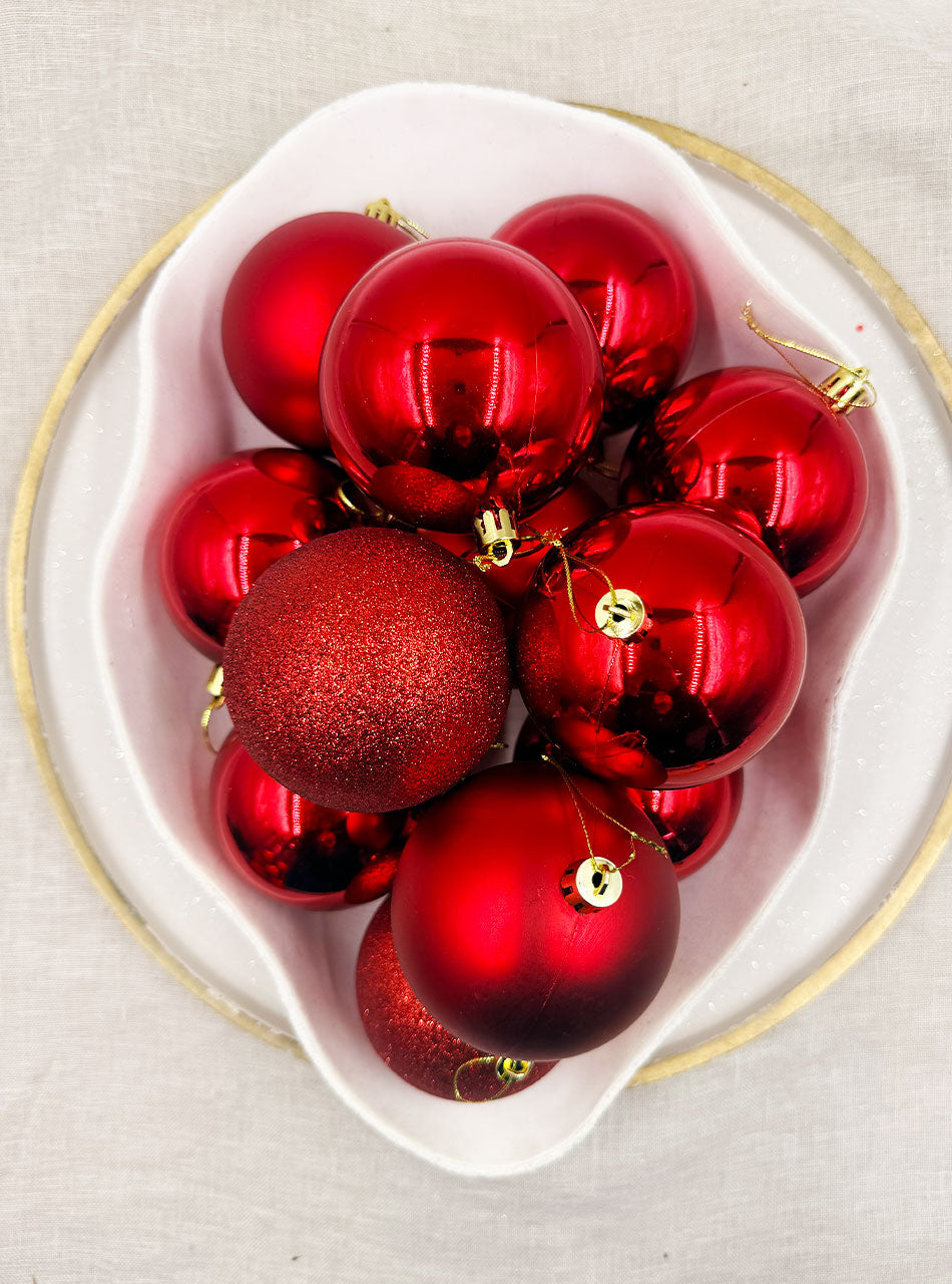 80mm RED Christmas Baubles Gloss Glitter Matt Packs
