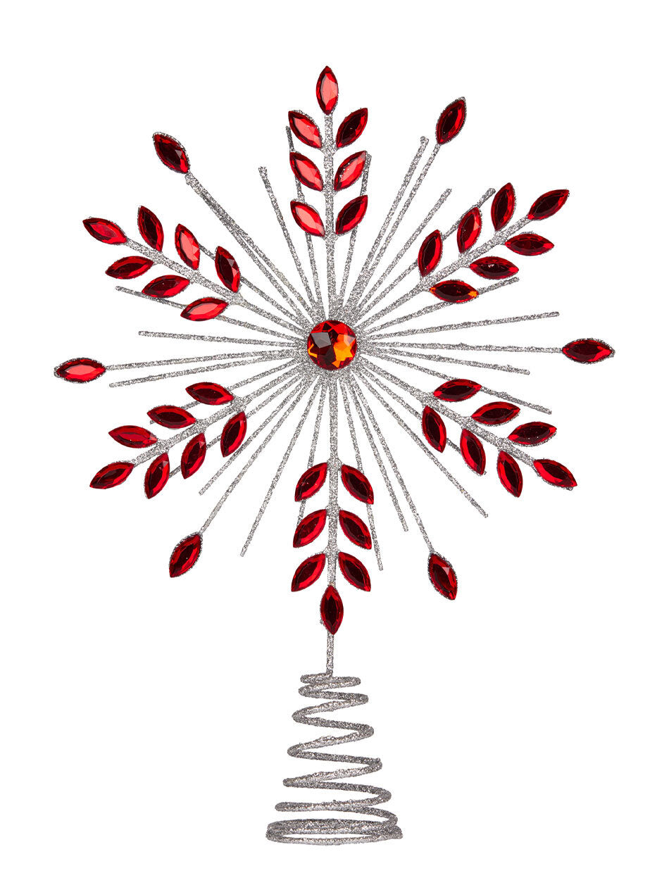 Christmas Tree Topper Silver & Red Metal Snowflake 30cm