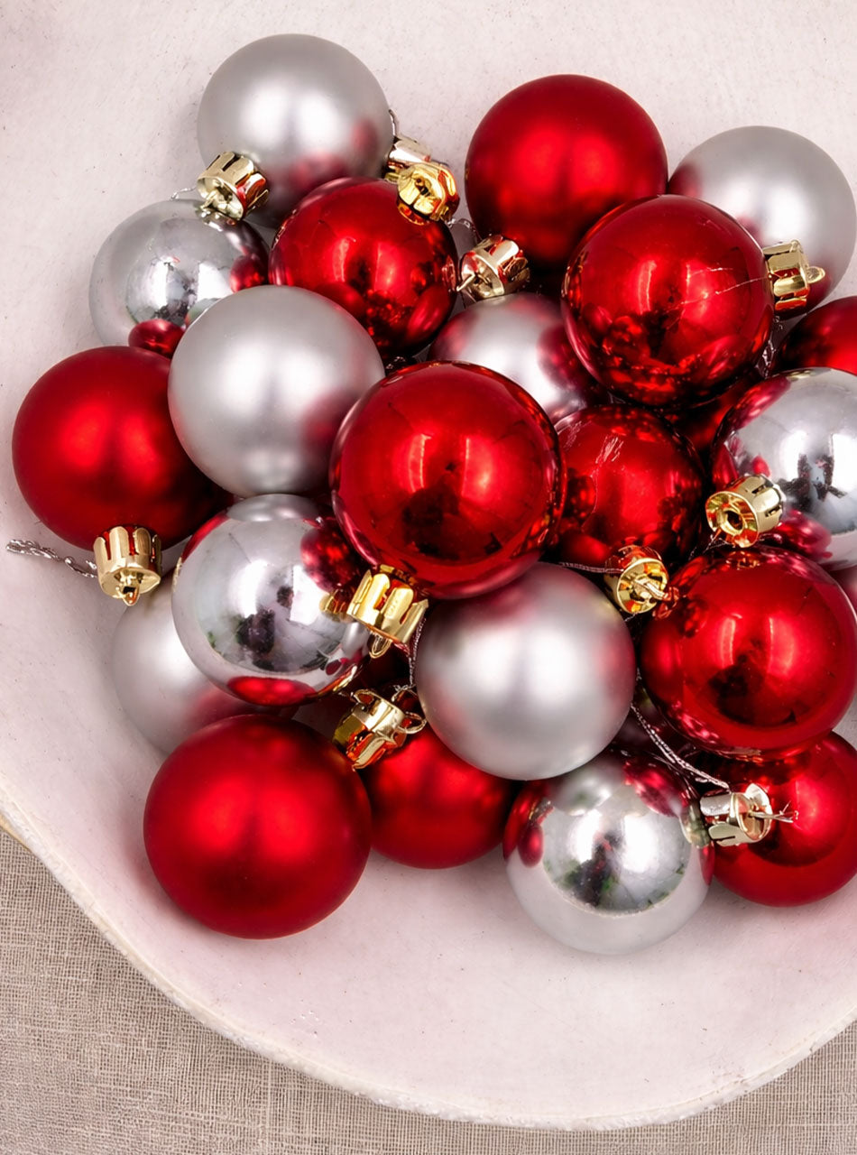 40mm Red and Silver Christmas Baubles Pearl Matt Pack