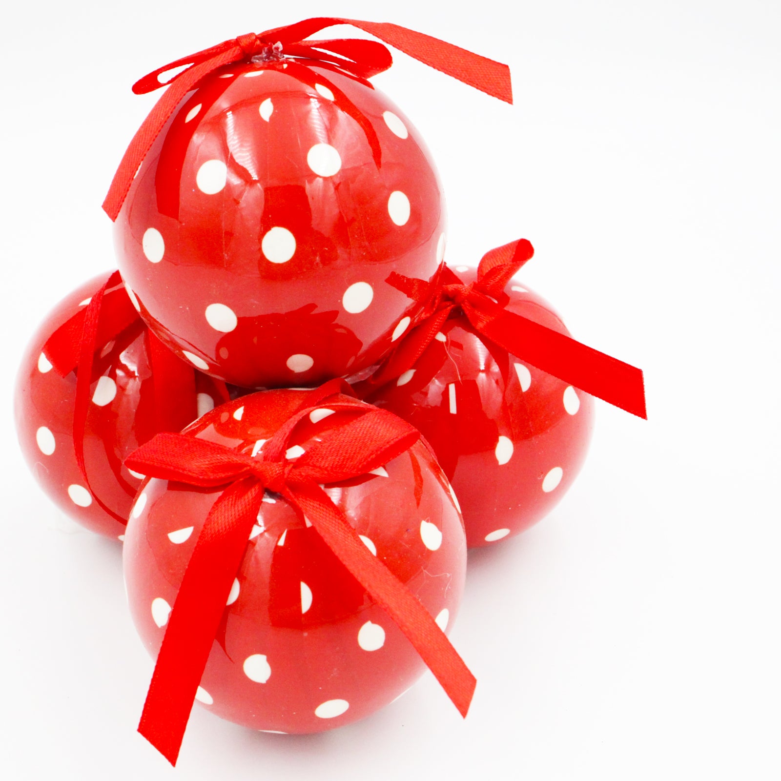 RED WITH WHITE SPOT Baubles 75mm