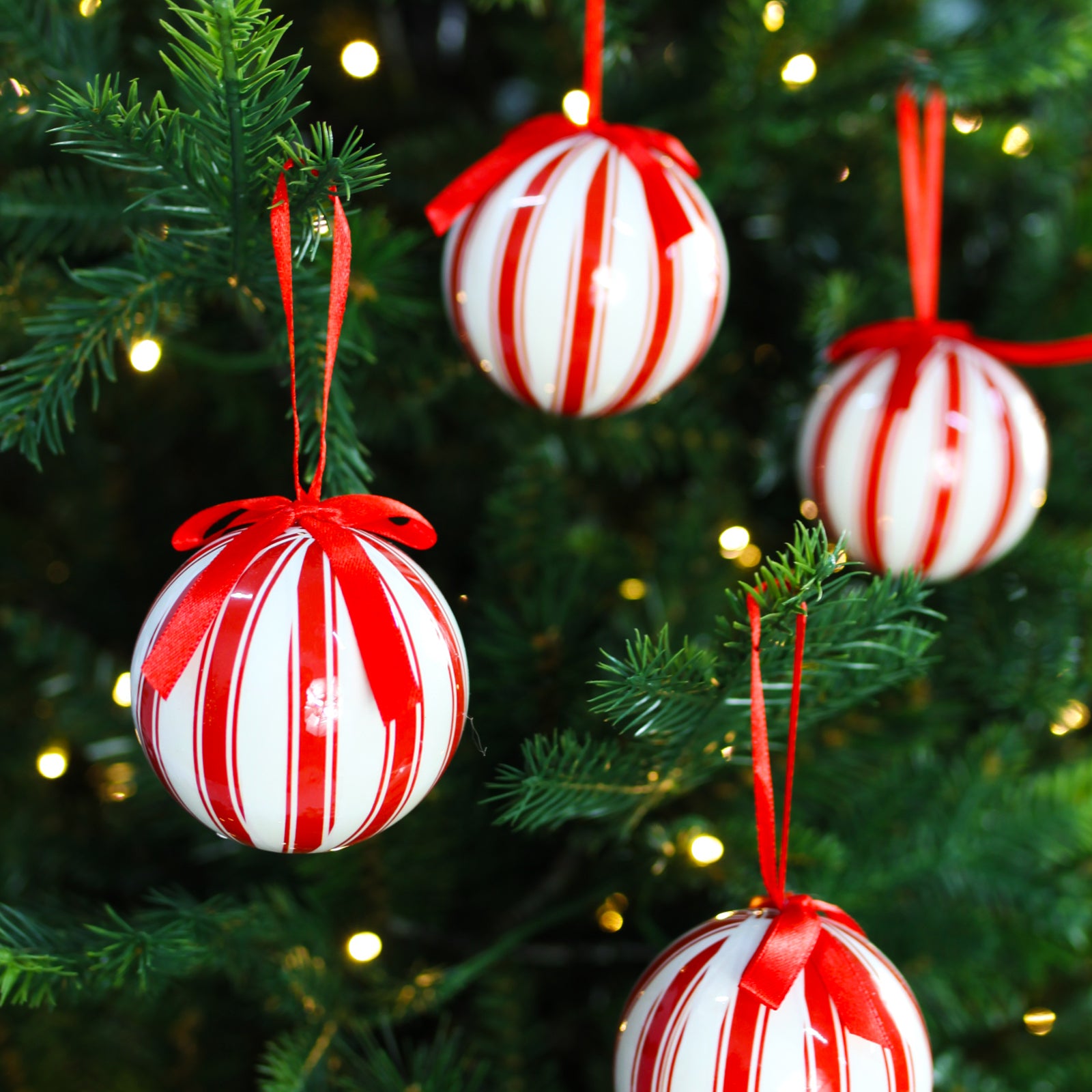 WHITE & RED STRIPE Foam Baubles 75mm 25 Pack