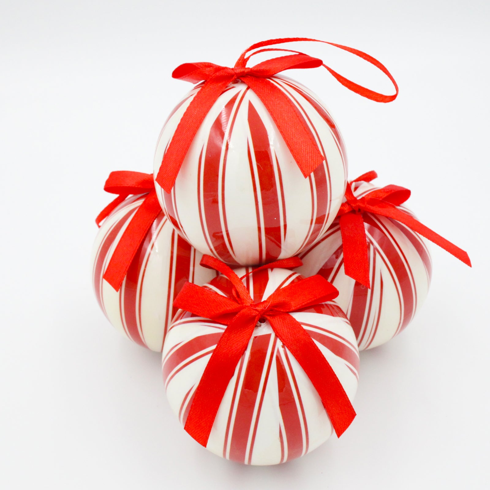 WHITE & RED STRIPE Foam Baubles 75mm 25 Pack