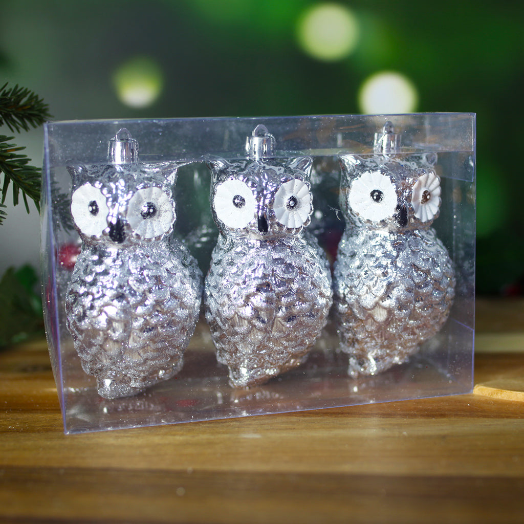 Christmas Tree Bauble Owl 3 Pack Silver