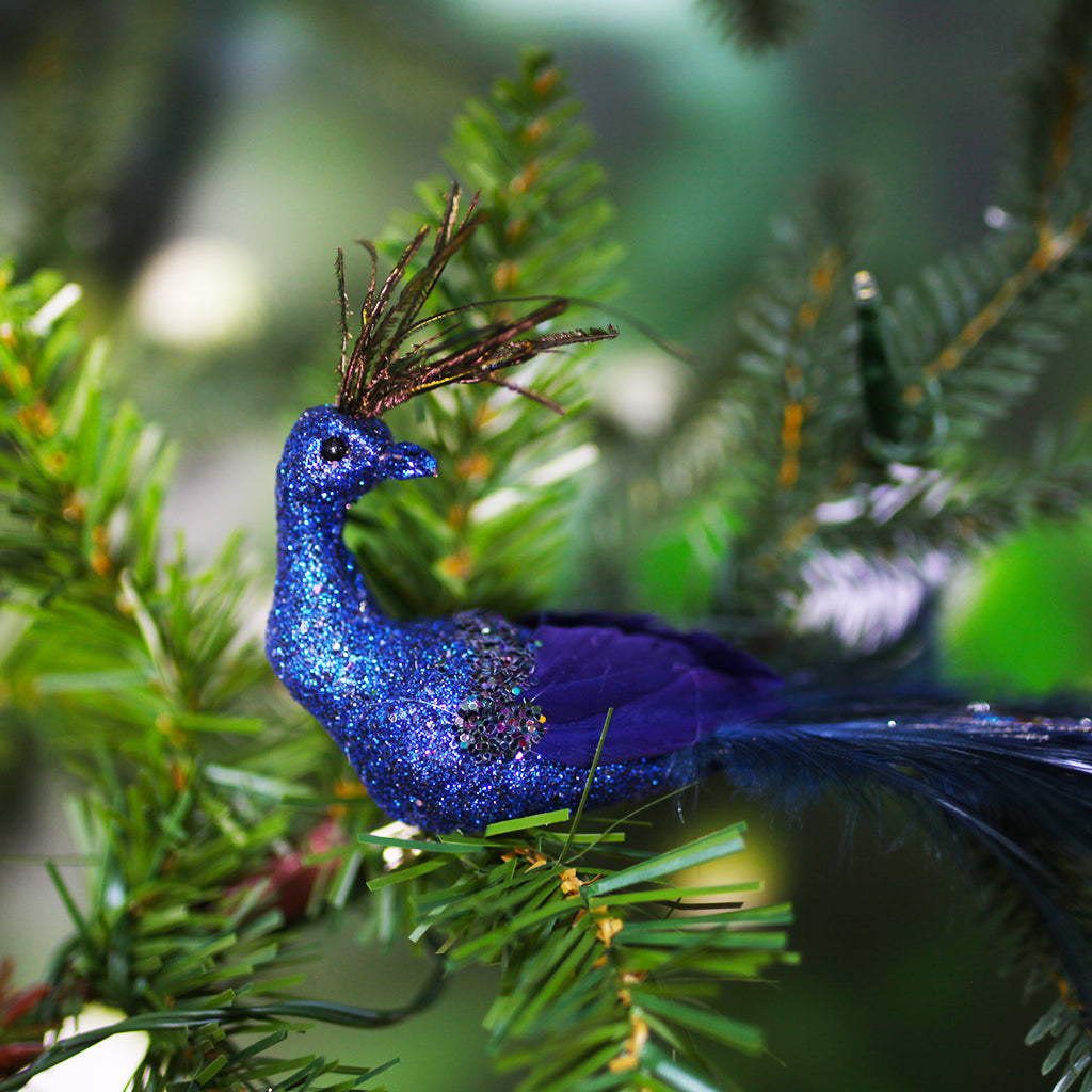 Dark Blue Peacock with Feathered Tail Ornament - 26cm