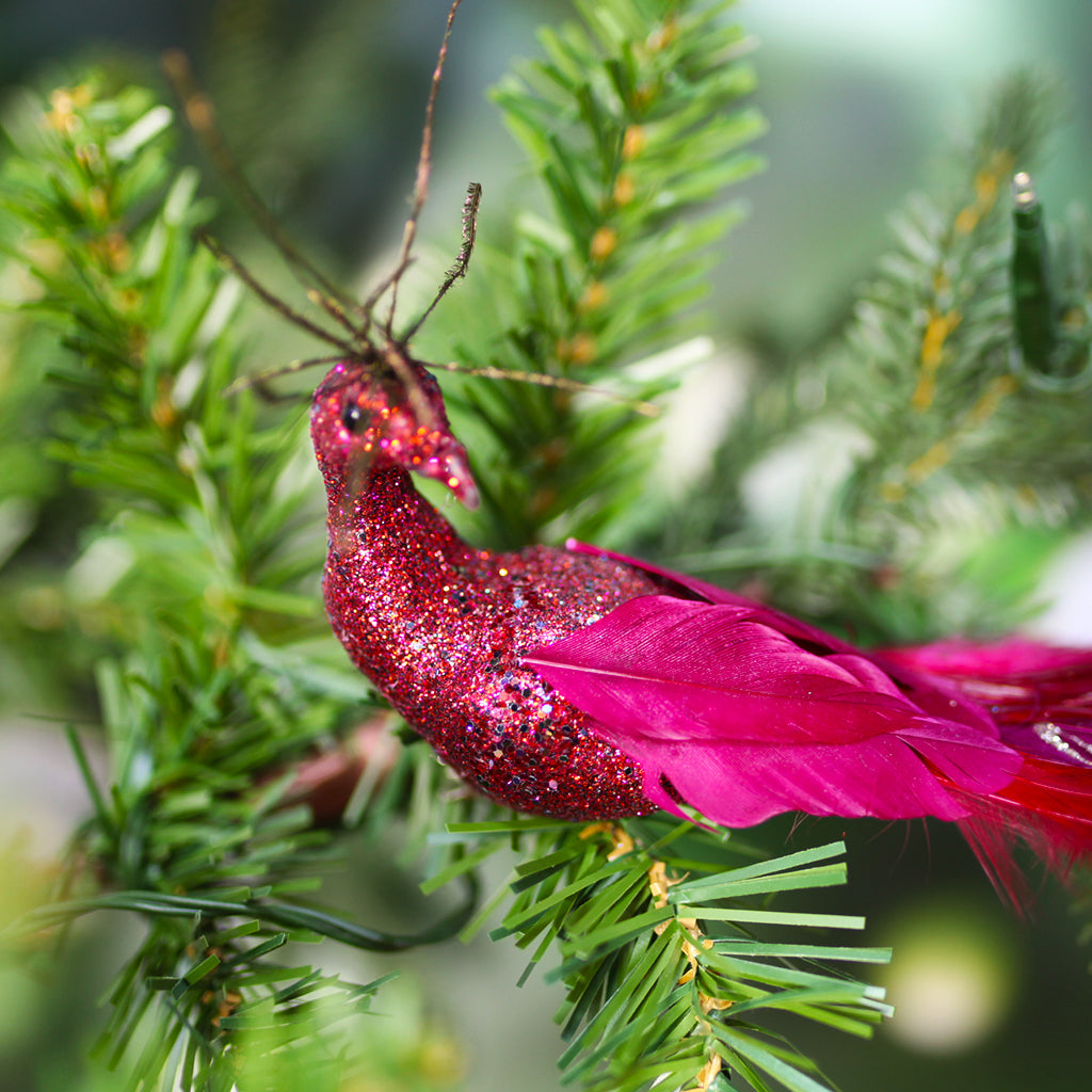 Burgundy Peacock with Feathered tail Ornament - 26cm