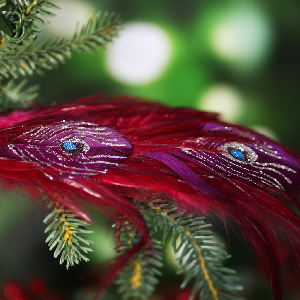 Burgundy Peacock with Feathered tail Ornament - 26cm