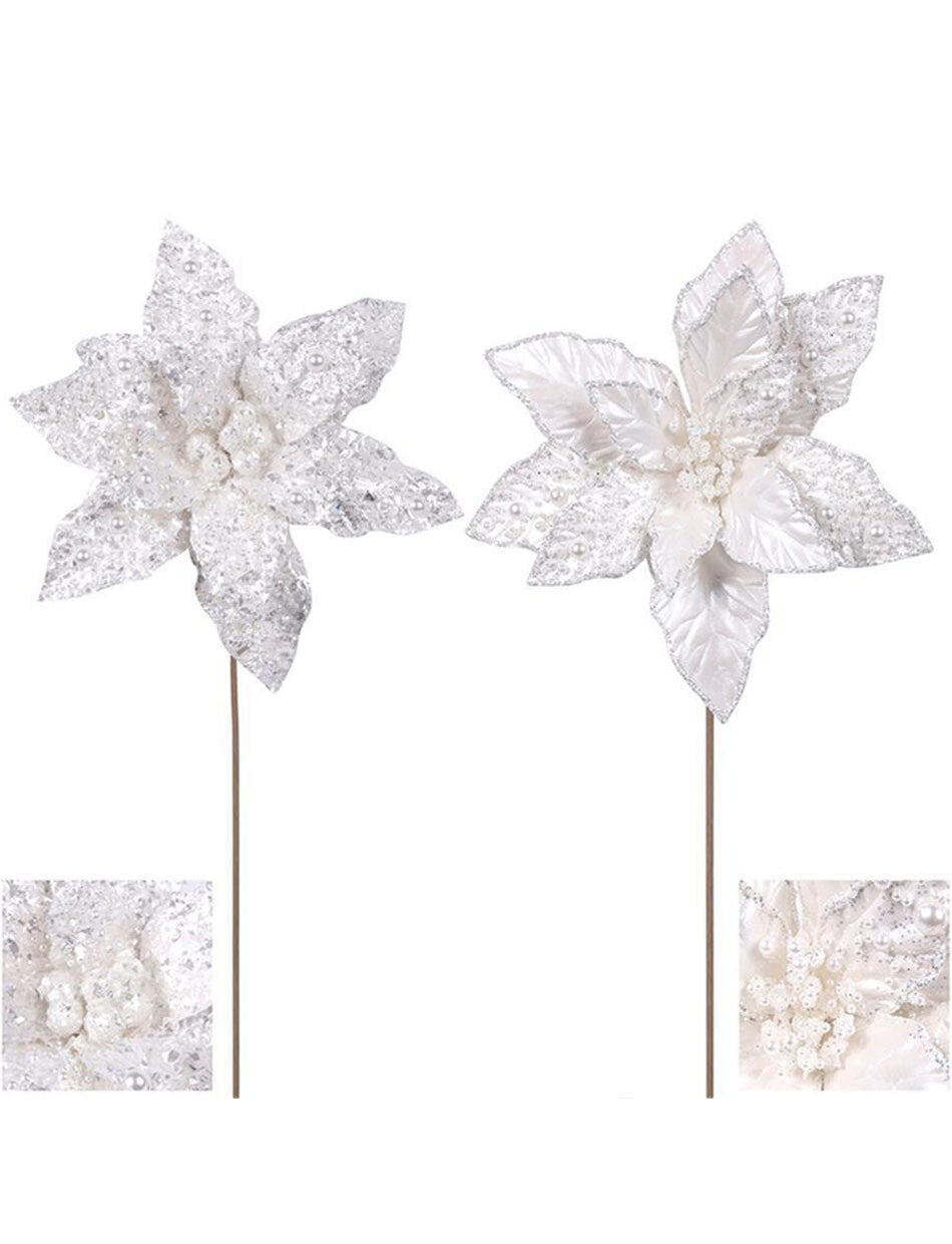 White Poinsettia Flower Pick 2 Pack 25cm