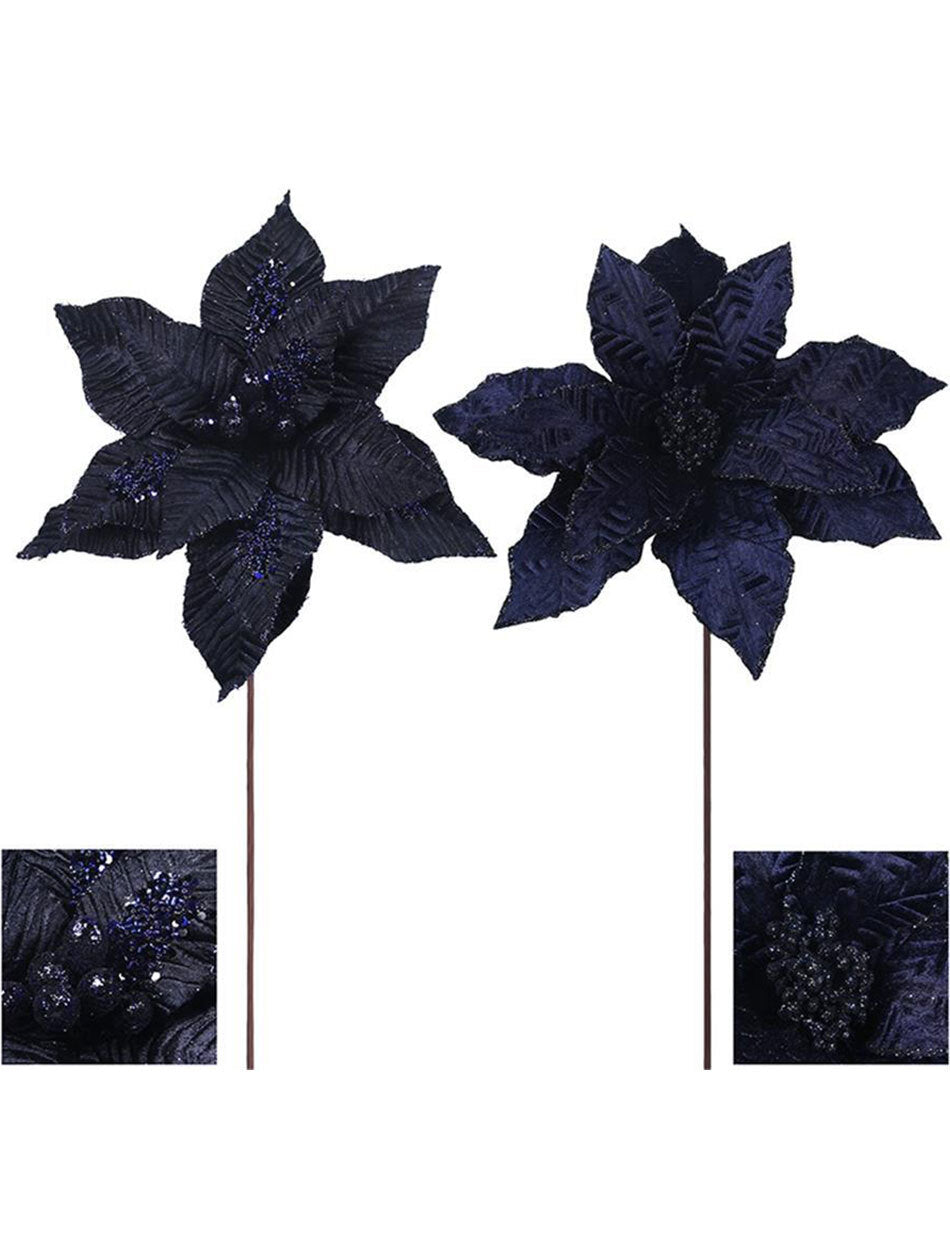 Midnight Blue Poinsettia Flower Pick 2 Pack 31cm