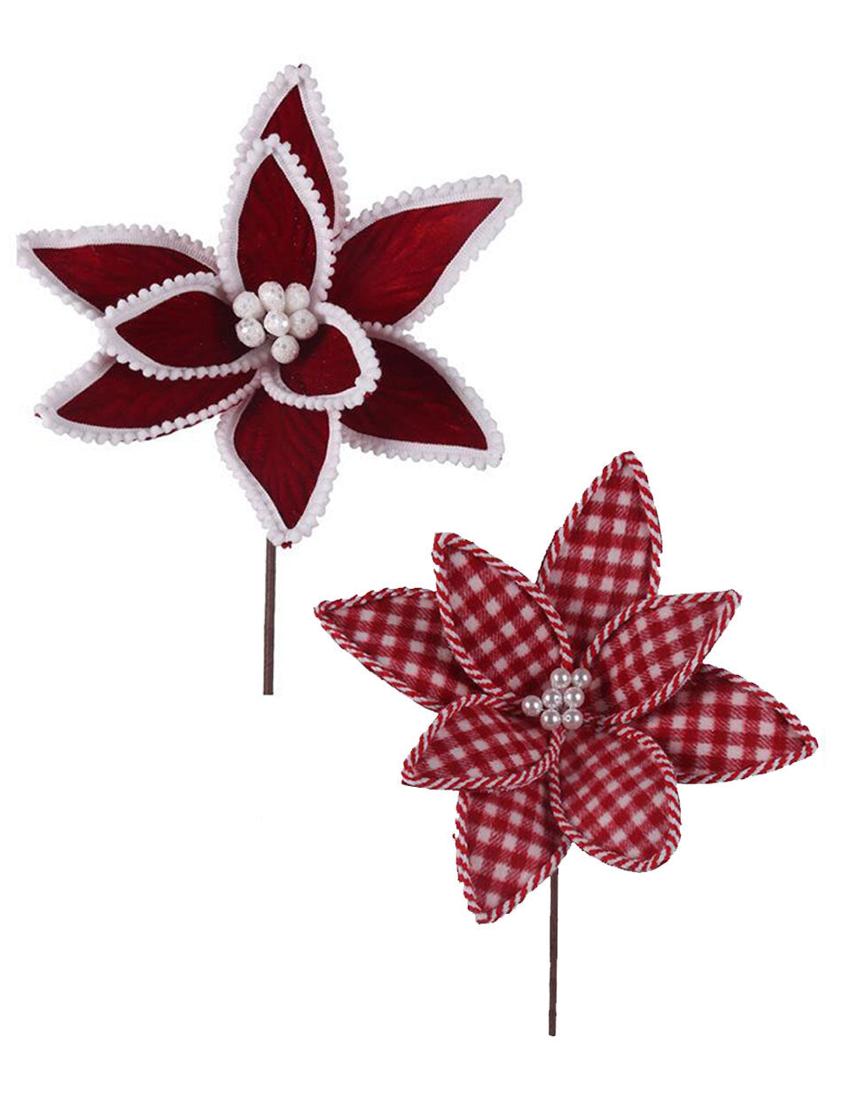 Red & Gingham Poinsettia Flower Christmas Tree Picks set of 2