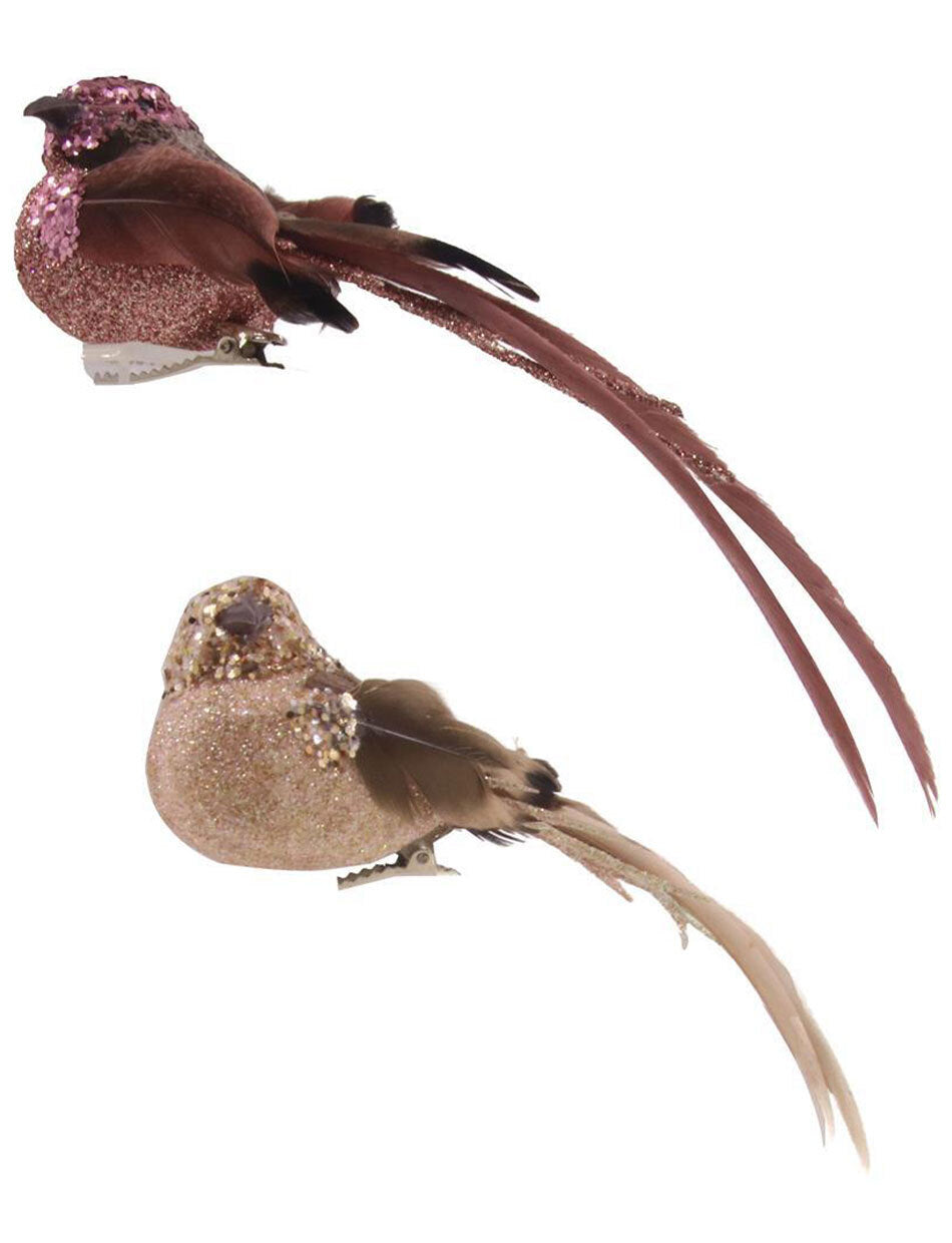 Light pink and magenta Bird Christmas Tree Clips with Feathered Tail 16cm