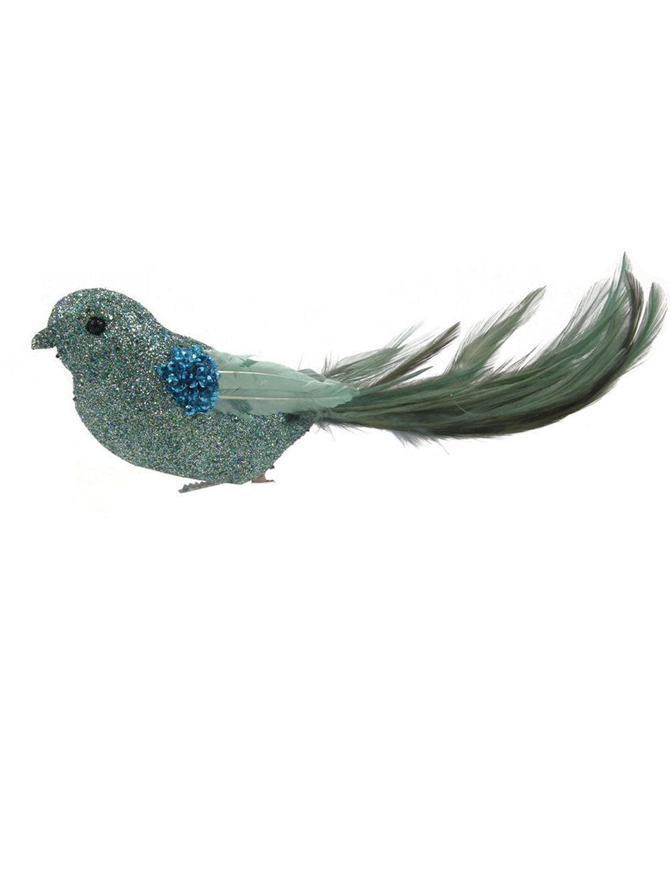 Teal Blue Bird Christmas Tree Clip with Feathered Tail 25cm