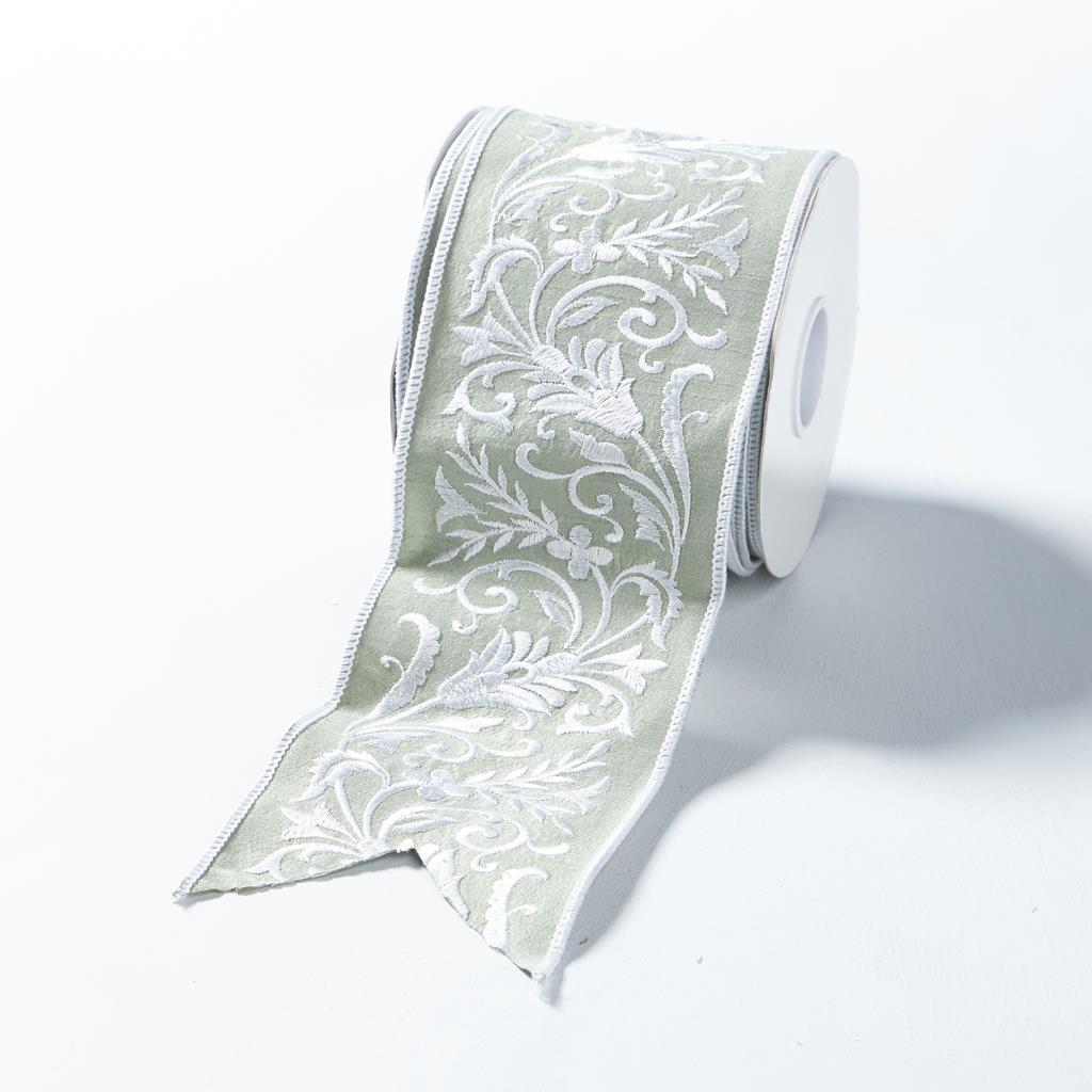 MINT Dupion Ribbon With White Leaf Emroidery