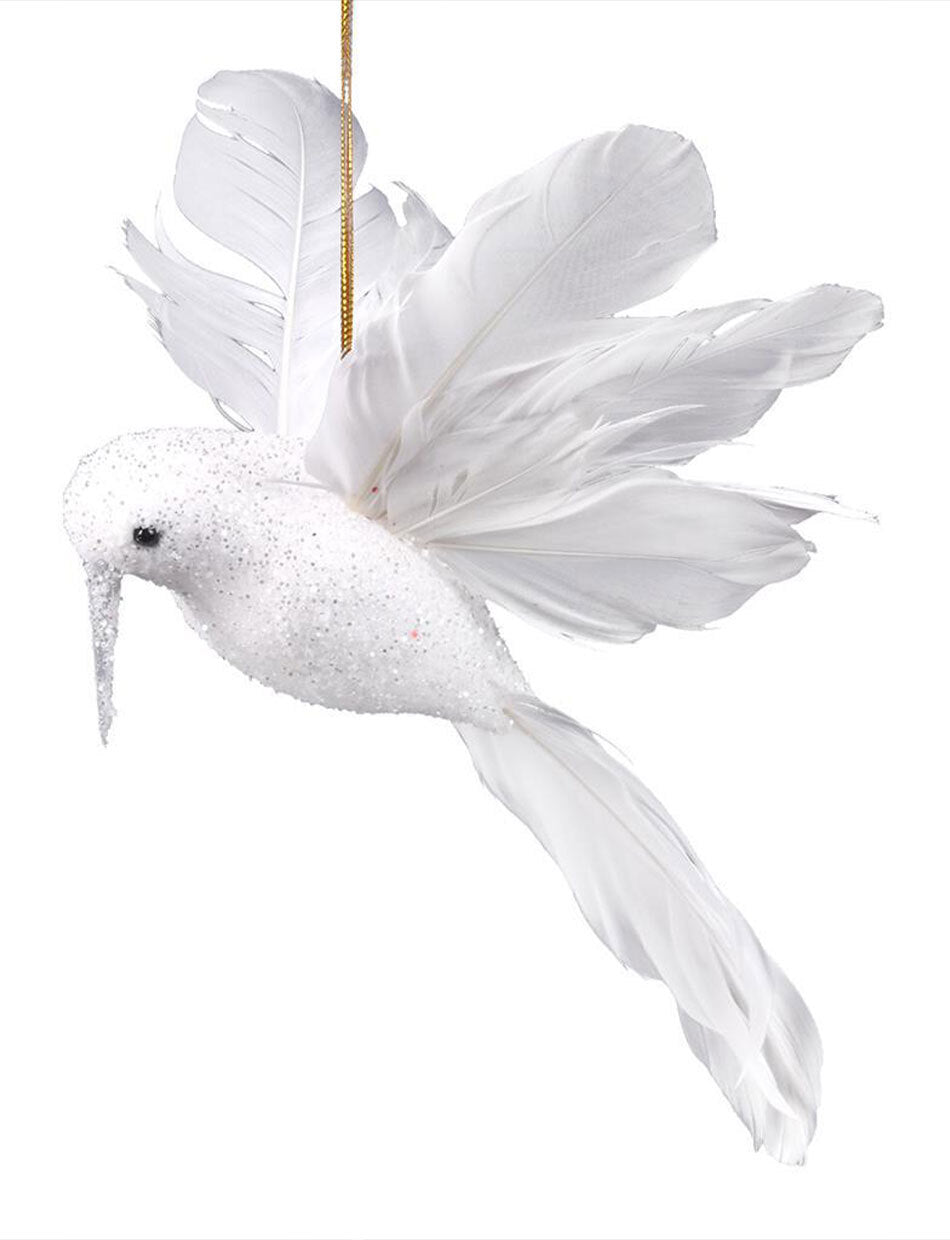 White Christmas Tree Hanging Bird with Feathered Tail 20cm