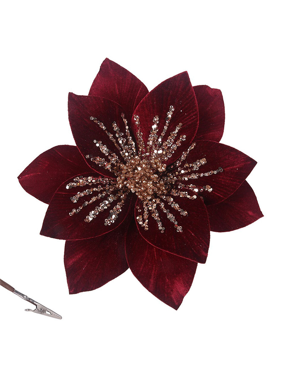 Burgundy Poinsettia with Rose Gold Sparkle Christmas Tree Clip