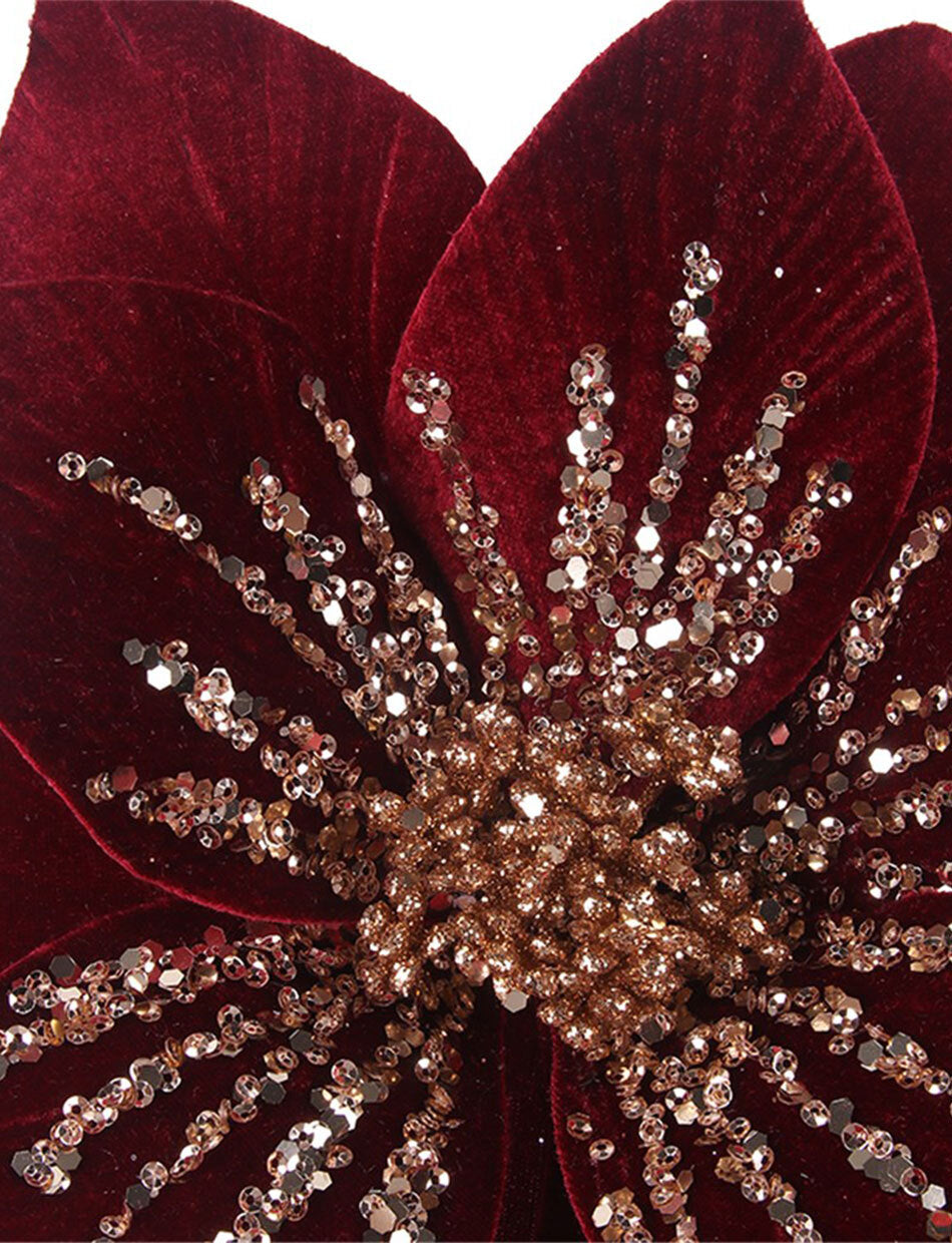 Burgundy Poinsettia with Rose Gold Sparkle Christmas Tree Clip