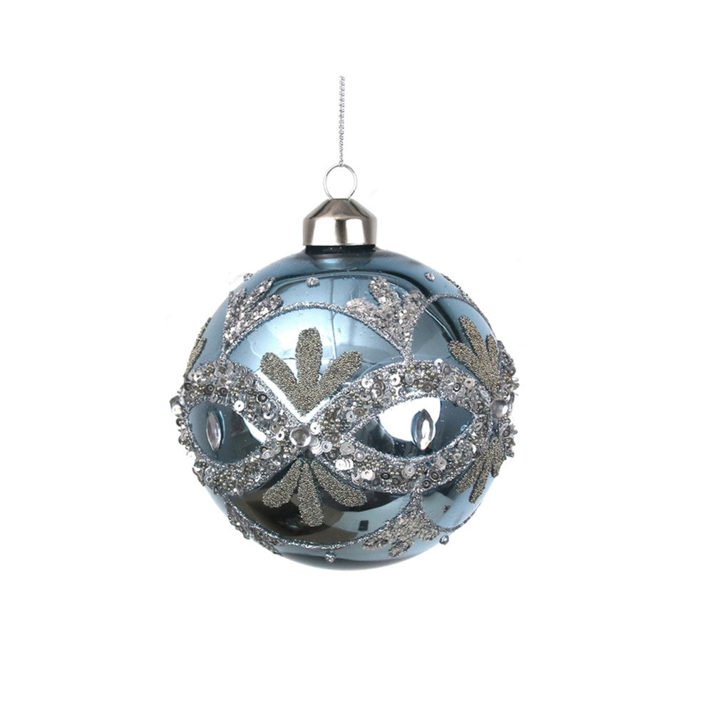 Arctic Blue Glass Bauble with Silver Handpainted Detail