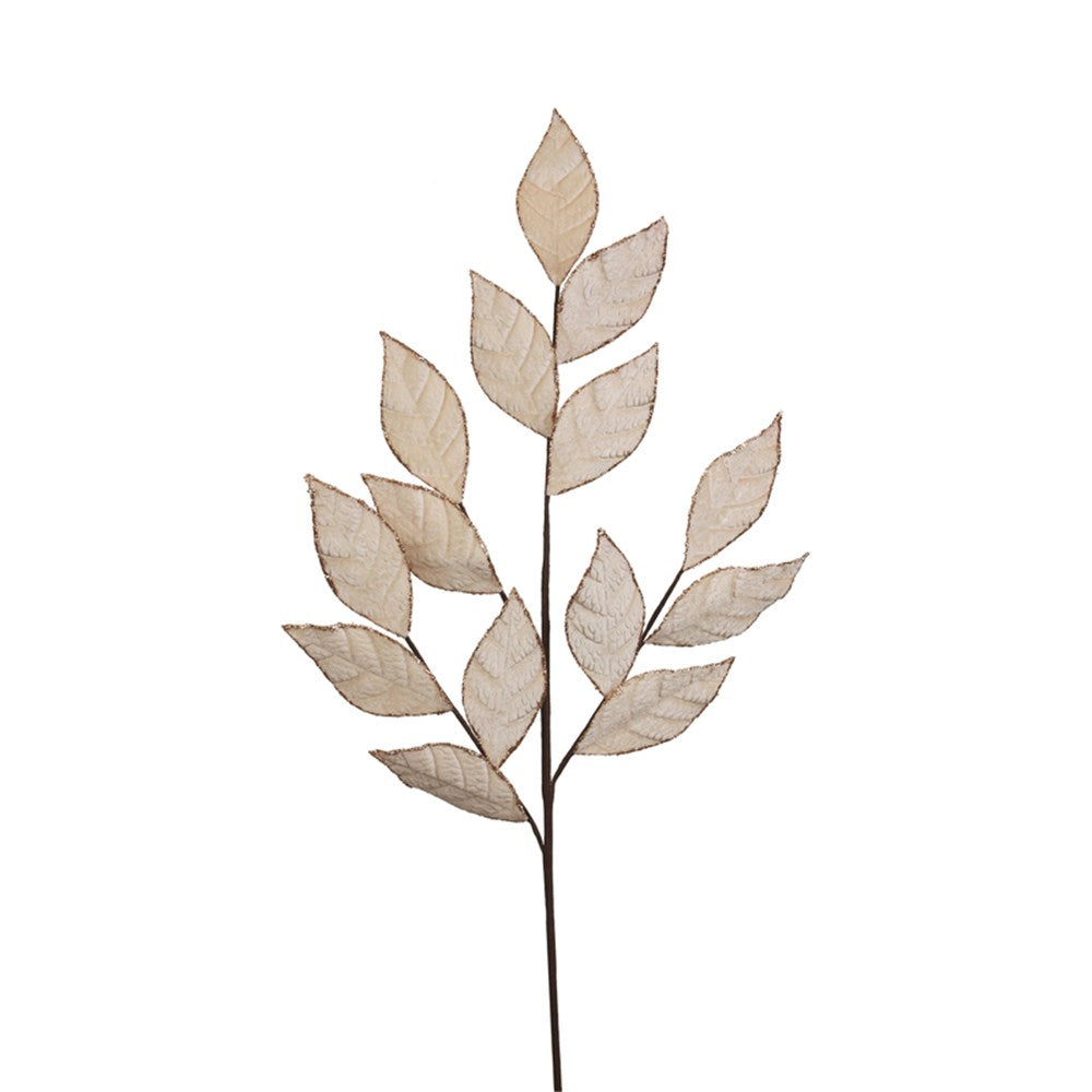 Ivory Velvet Leaf Stem with Glitter Detail - 75cm