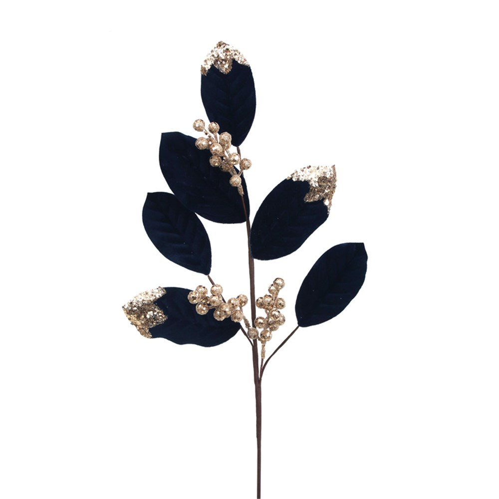 Midnight Blue Velvet Leaf Stem with Champagne Glitter Berries