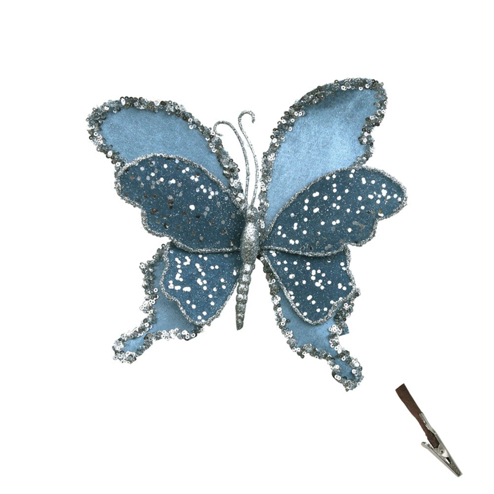 Blue Denum Velvet Butterfly with Glitter Details and Clip