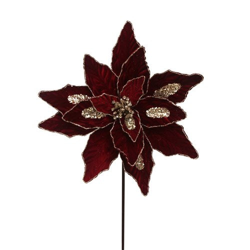 Burgundy Velvet Poinsettia Flower with Glitter Detail