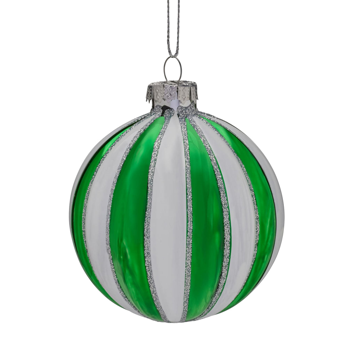 Green and White Glass Bauble 80mm