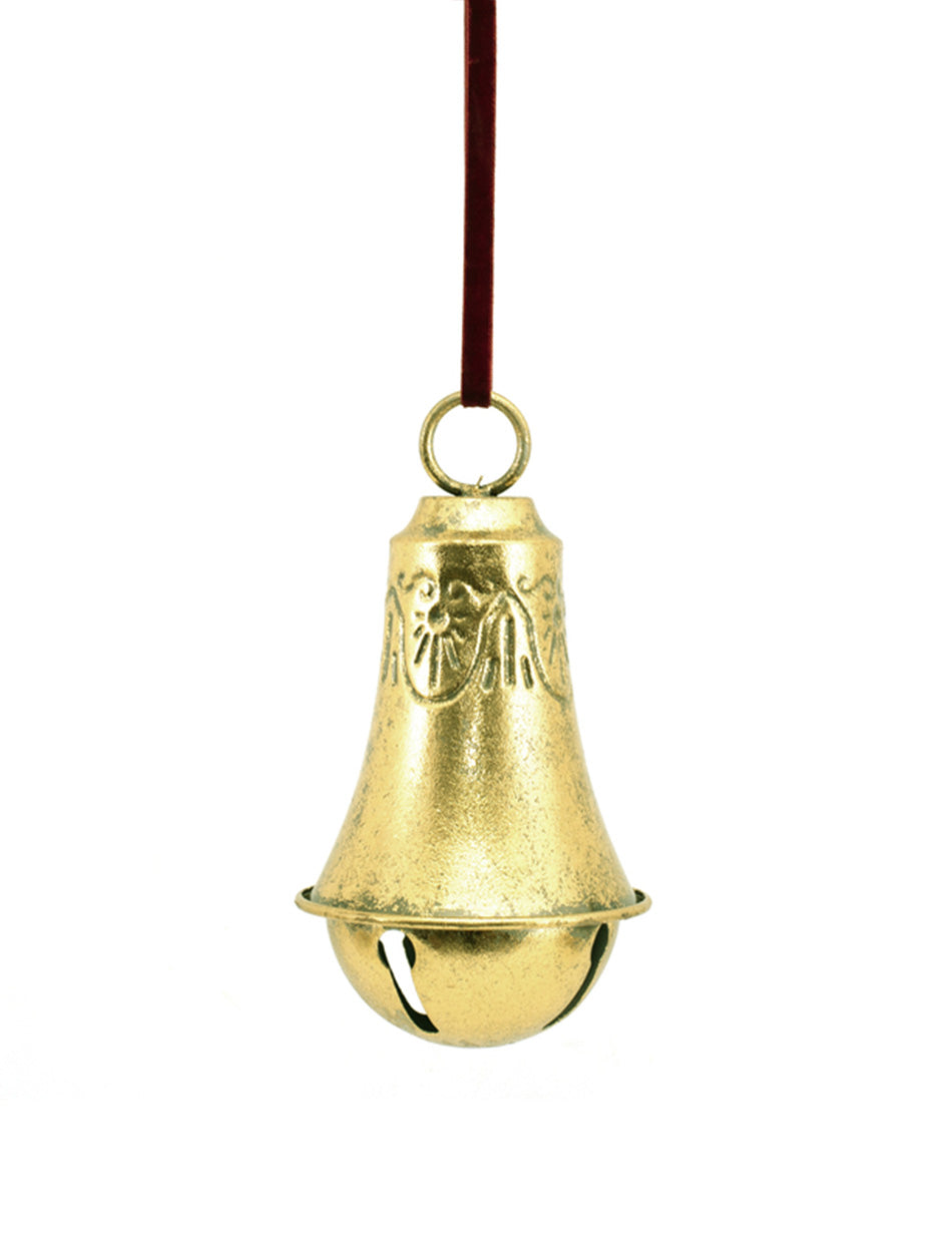 Gold Metal Bell with burgundy velvet ribbon - 21cm