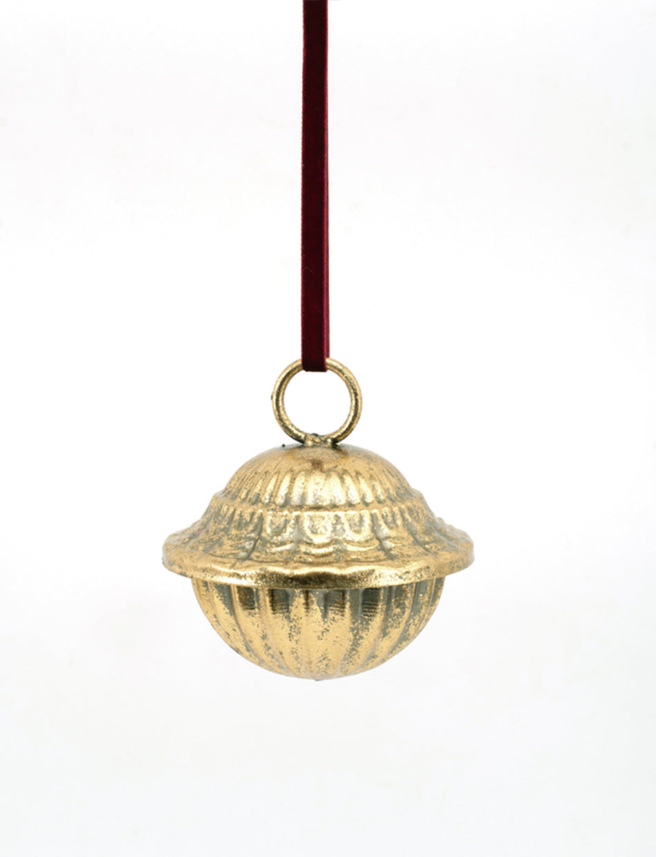 Gold Metal Bell with burgundy velvet ribbon - 12.5cm