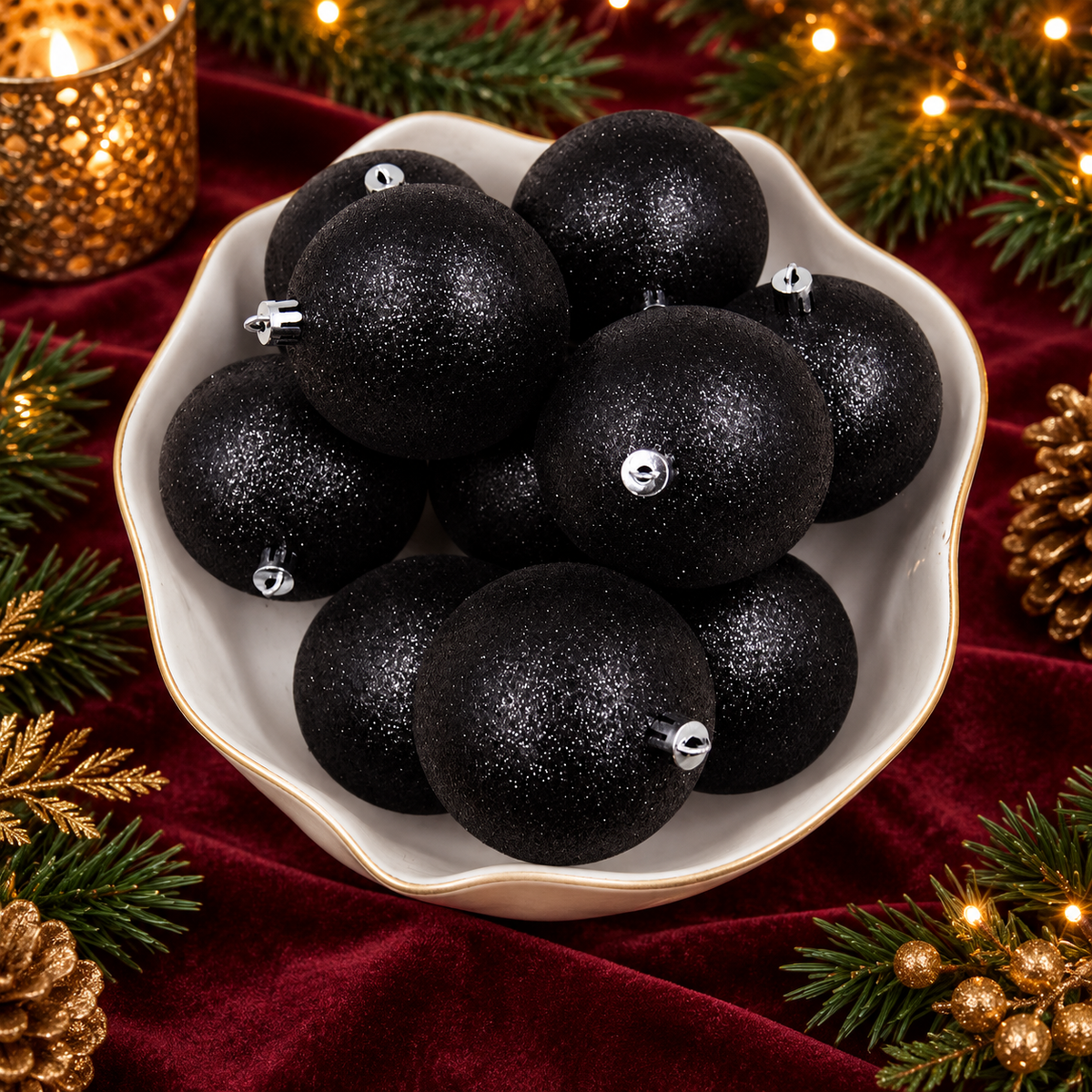 Black Christmas Baubles 80mm Glitter Packs