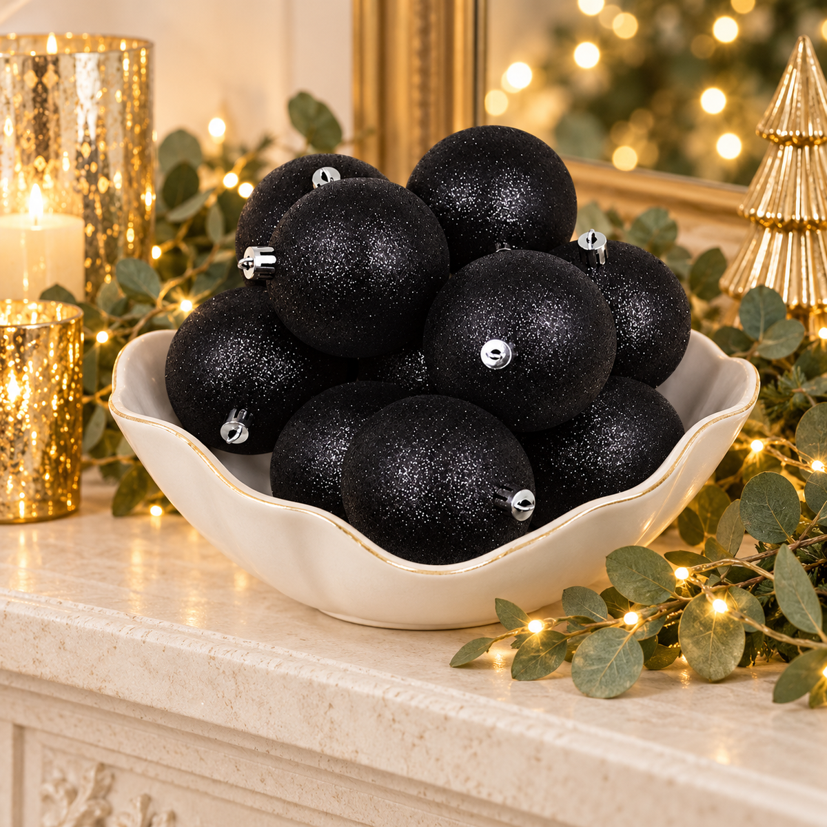 Black Christmas Baubles 80mm Glitter Packs