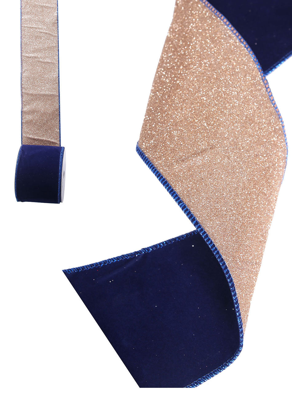 NAVY BLUE Velour Double Layer Ribbon with Gold Glitter Back 10cm Wide